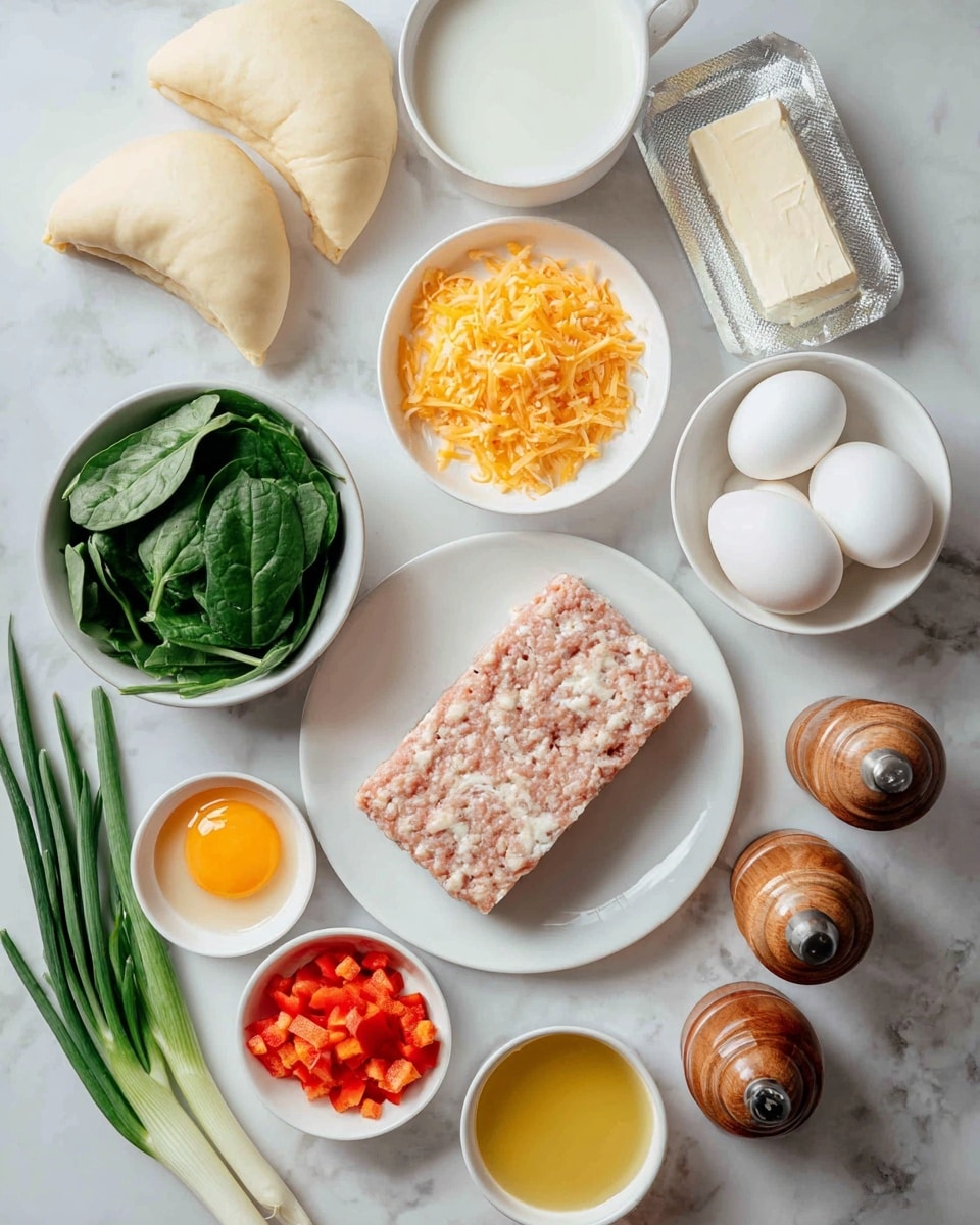 The image shows an arrangement of cooking ingredients on a white marbled surface with a white plate and white bowls. There are two rolls of pale beige crescent dough on the left side, next to a small white bowl full of fresh green spinach leaves. Nearby, three white eggs rest beside a foil pack of cream cheese in the top right corner. At the center is a white plate holding a block of ground sausage with a light brown, speckled texture. There are small white bowls containing bright red chopped bell pepper, shredded orange cheddar cheese, white milk, and golden yellow olive oil spread around. Two wooden pepper and salt grinders stand upright on the right, with a few green onions with white bulbs laid horizontally on the left. The picture is simple and clean with all ingredients laid out neatly, photo taken with an iphone --ar 4:5 --v 7