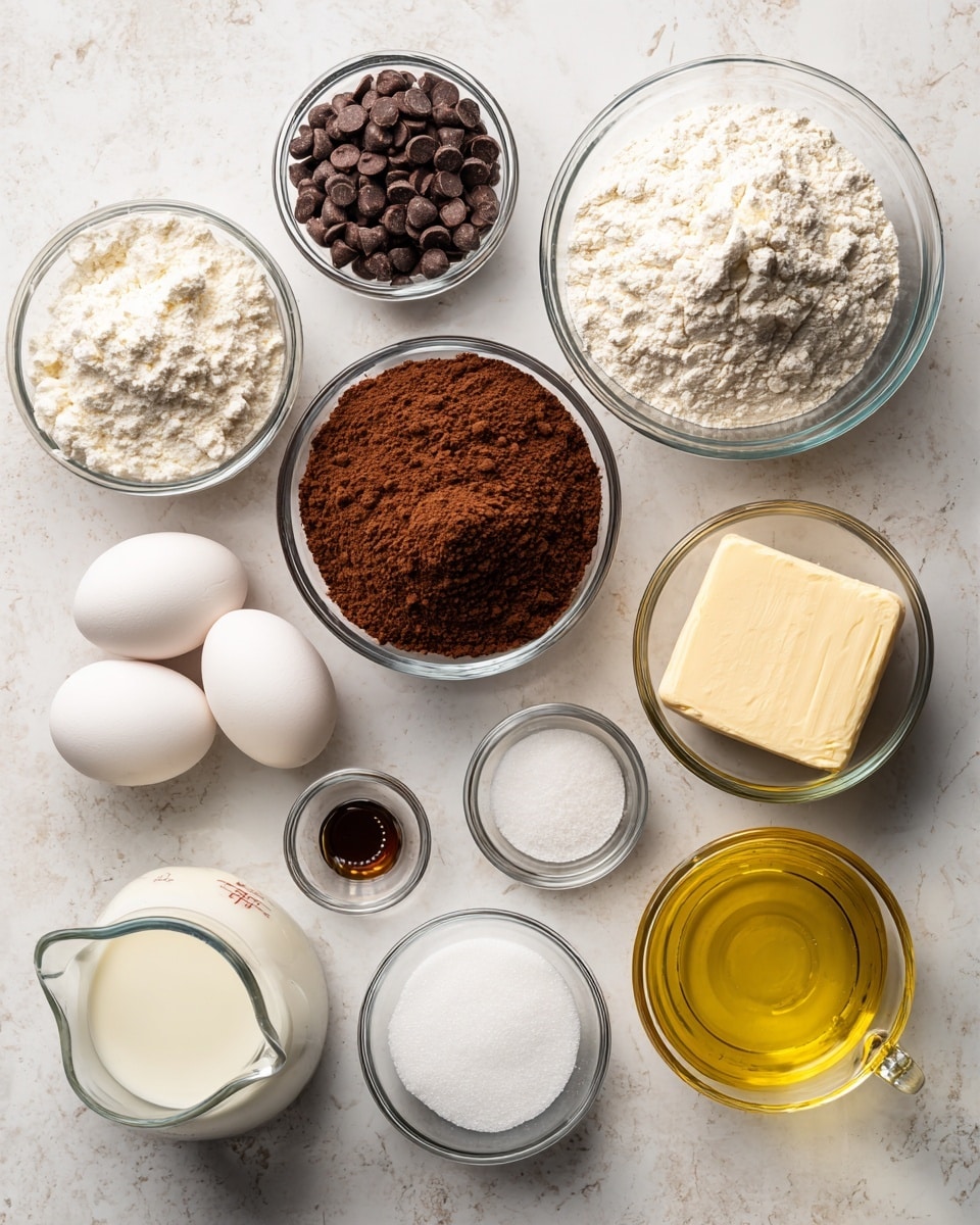 A flat lay of clear glass bowls and small clear containers arranged on a white marbled surface, each filled with different baking ingredients. Starting from the top left, there is a small bowl filled with dark brown mini chocolate chips, followed by a larger bowl filled with white all-purpose flour. Next to it is a bowl containing brown cocoa powder, and to the right is a bowl holding a block of light cream cheese. Below these, there is a small cup with white salt, surrounded by small brown vanilla extract and white sugar in a larger bowl. Below these are a bowl with two white eggs, a small bowl with white baking soda, a clear container with golden yellow vegetable oil, and a small glass measuring cup filled with white milk. Each ingredient is neatly arranged, with text labels on top of the bowls clearly identifying each item. photo taken with an iphone --ar 4:5 --v 7
