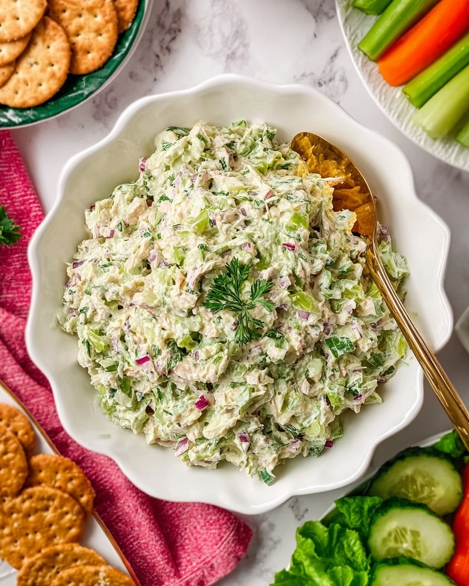 The image shows a large white scalloped bowl filled with a creamy green mixture that has visible small purple onion pieces and fresh green herbs mixed throughout. A shiny golden spoon rests inside the bowl, partially buried in the mixture, ready for serving. Around the bowl are other elements including a plate of crackers, a white bowl with colorful celery sticks, orange peppers and cucumber slices, and some leafy green lettuce on a white marbled surface. The colors are bright and fresh, with a focus on the green and purple tones in the creamy dish. photo taken with an iphone --ar 4:5 --v 7