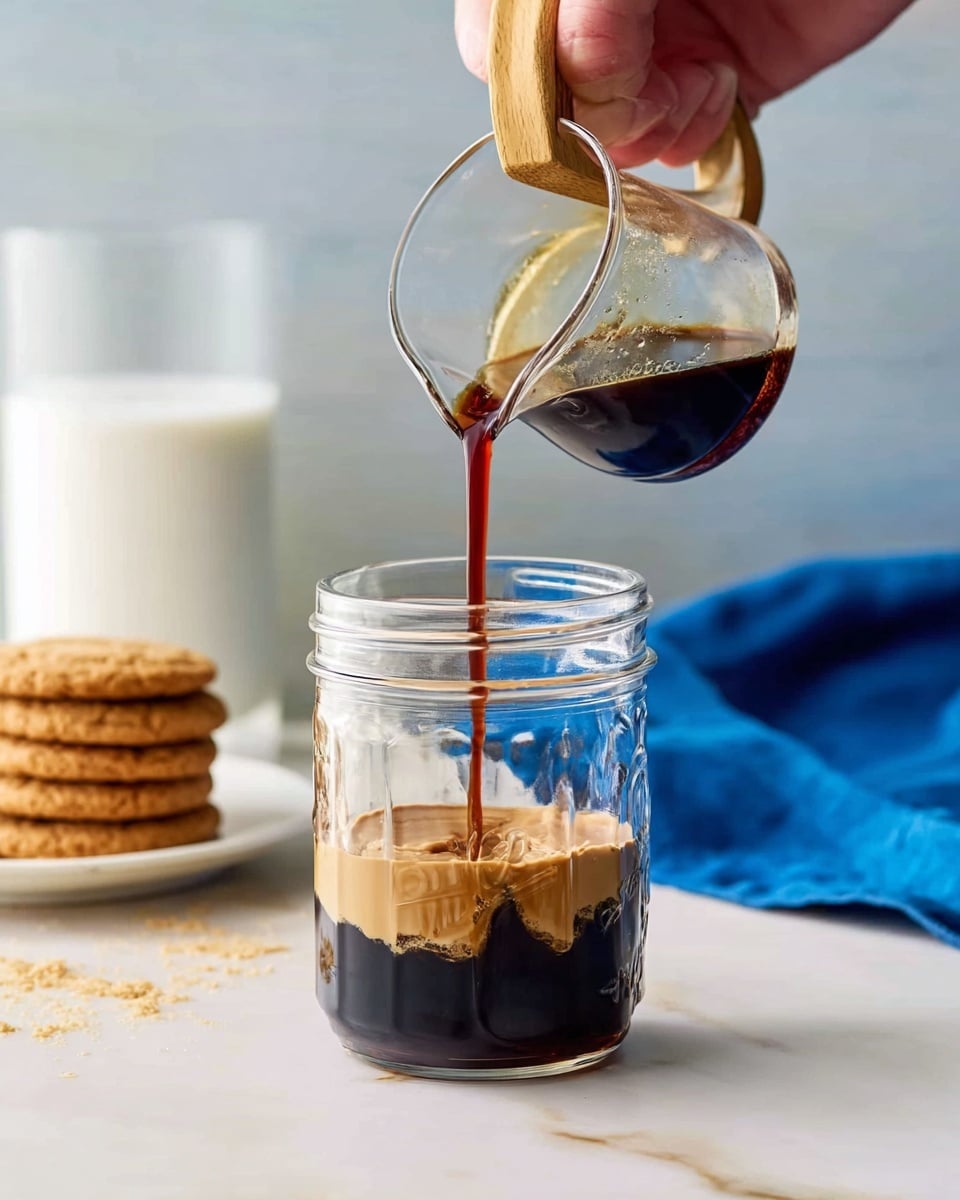 This image shows dark brown liquid being poured from a small glass pitcher with a wooden handle into a clear glass jar. The jar sits on a white marbled surface with a smooth texture. Inside the jar, the dark liquid mixes with a thick, creamy layer at the bottom, which is light brown and smooth. To the left of the jar are stacked round cookies with a golden brown color on a white plate, and in the background, a tall glass of white milk is slightly blurred. A woman's hand is holding the pitcher steady as the liquid pours down. A blue cloth is lightly placed in the background on the right side, adding contrast to the scene. Photo taken with an iphone --ar 4:5 --v 7