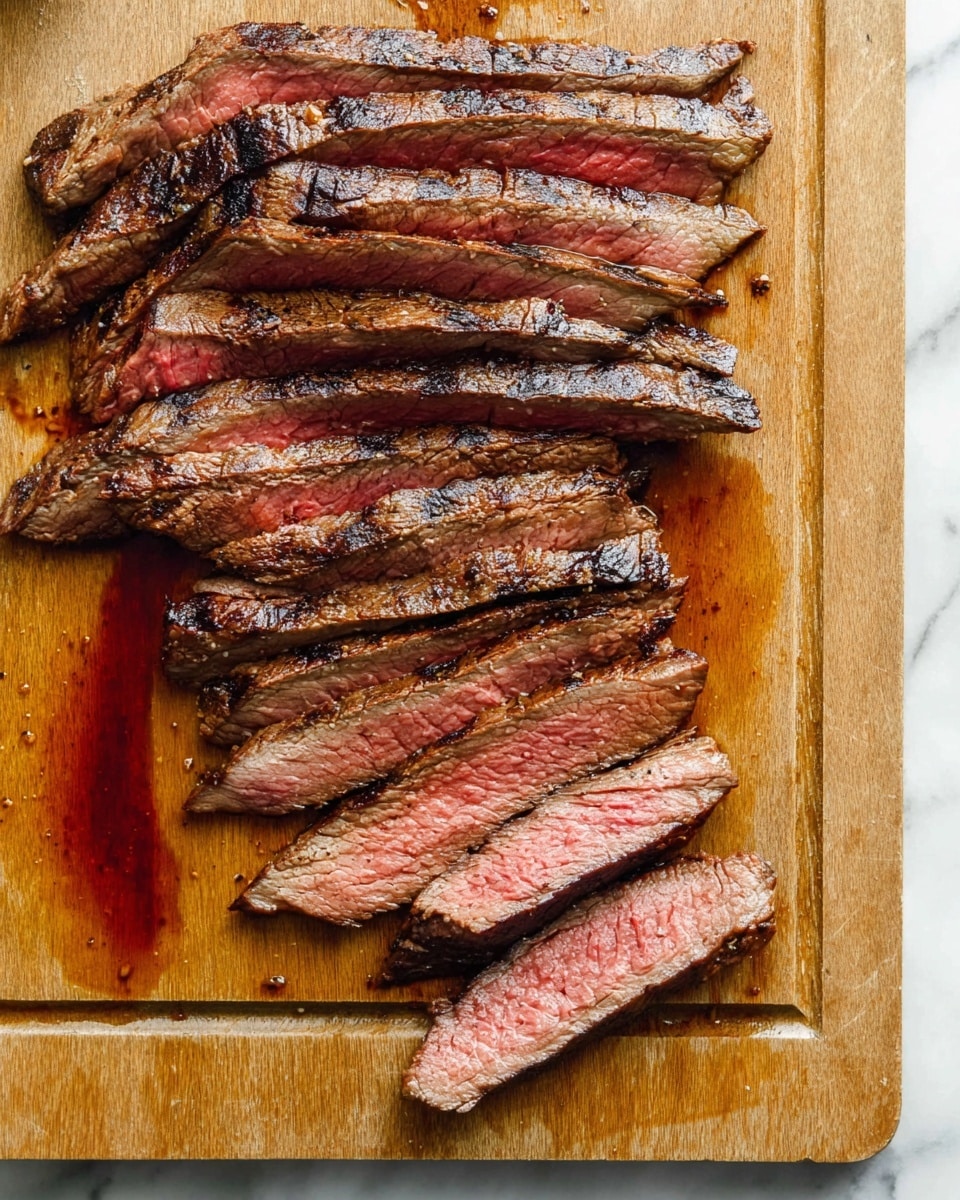 A wooden board holds eight slices of grilled beef arranged neatly in a slightly fanned out stack, showing varying shades of brown and pink. The outer edges are darker with a charred texture, transitioning to a soft pink in the center layers, indicating a tender, medium-rare cook. A few slices are separated at the bottom, showing clearly the juicy, pink interior and the grilled, slightly crusty crust on the edges. A thin line of dark brown juice seeps onto the board near the right side. The board rests on a white marbled surface. Photo taken with an iphone --ar 4:5 --v 7