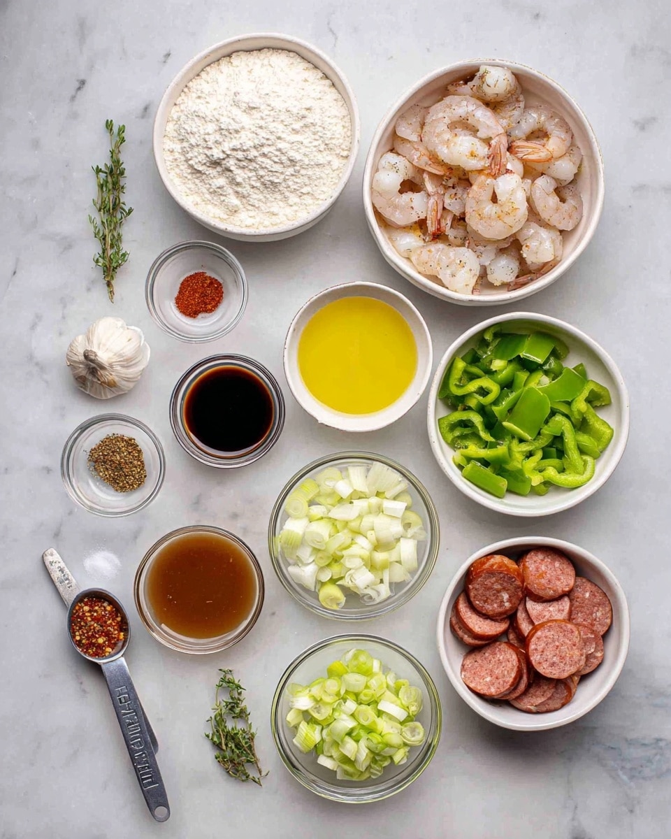 The image shows eleven bowls and spoons with different ingredients placed on a white marbled surface. In the top center, a white bowl holds raw shrimp and pieces of raw chicken. To its left, there is a white bowl filled with white flour. Below that is a cup with yellow oil, and below that is a white bowl with chopped green bell peppers. Next to the green pepper bowl on the right, there is a clear bowl with slices of sausage. Below that bowl are a white bowl with chopped onions and a smaller white bowl with sliced celery. Below the sausage bowl to the left are two clear bowls, one holding a brown liquid and the other a mix of red and green spices. On the far left, there are two measuring spoons, one with sliced garlic and the other with salt, and a few sprigs of green herbs next to them, as well as a small clear cup with a dark liquid. photo taken with an iphone --ar 4:5 --v 7