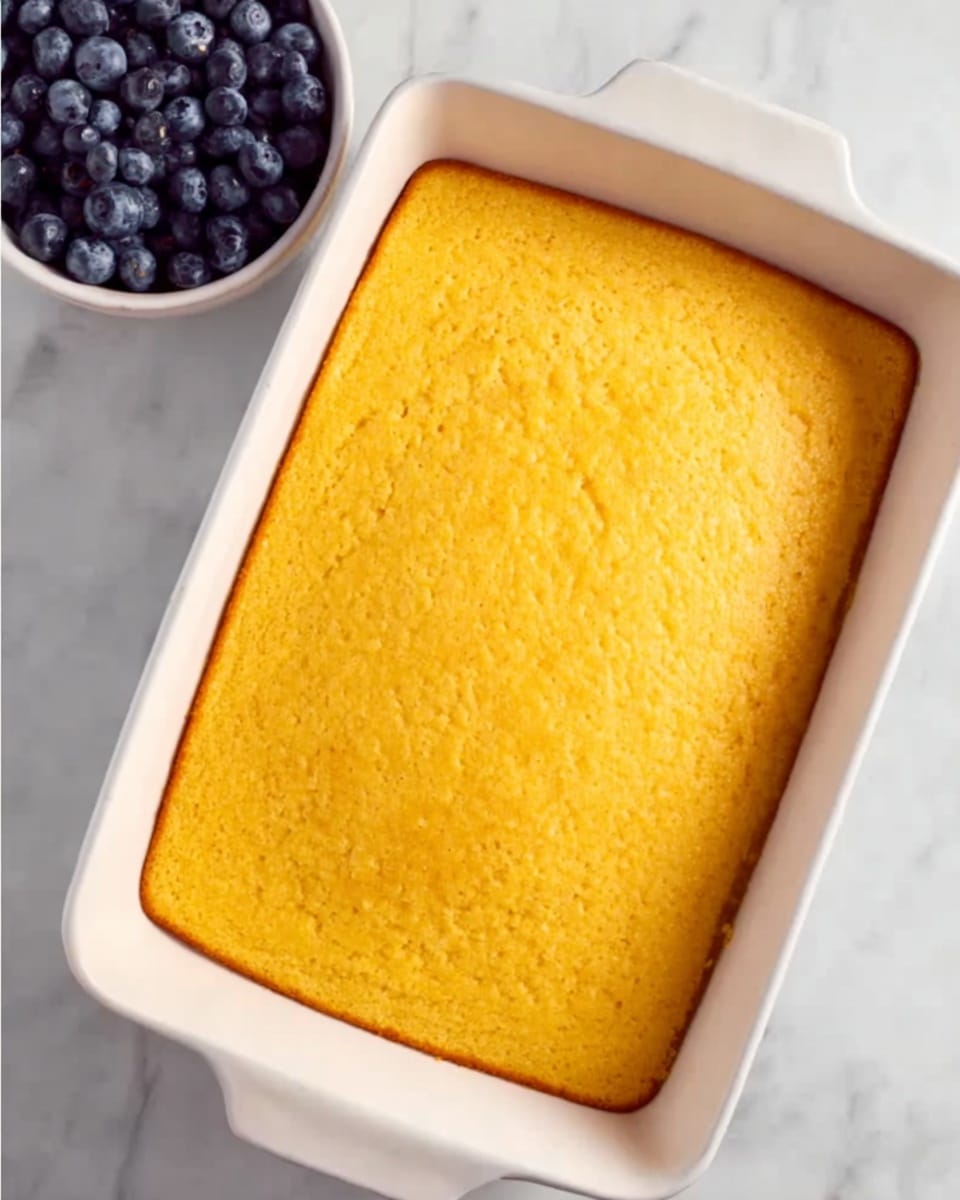 A rectangular white baking dish holds a single, smooth, flat layer of golden yellow baked cornbread with a slightly uneven texture on top. Next to the dish, at the top left corner of the image, there is a bowl filled with fresh dark blue blueberries. Both items rest on a white marbled surface. The lighting softly highlights the warm tone of the cornbread and the deep blue of the blueberries. Photo taken with an iphone --ar 4:5 --v 7