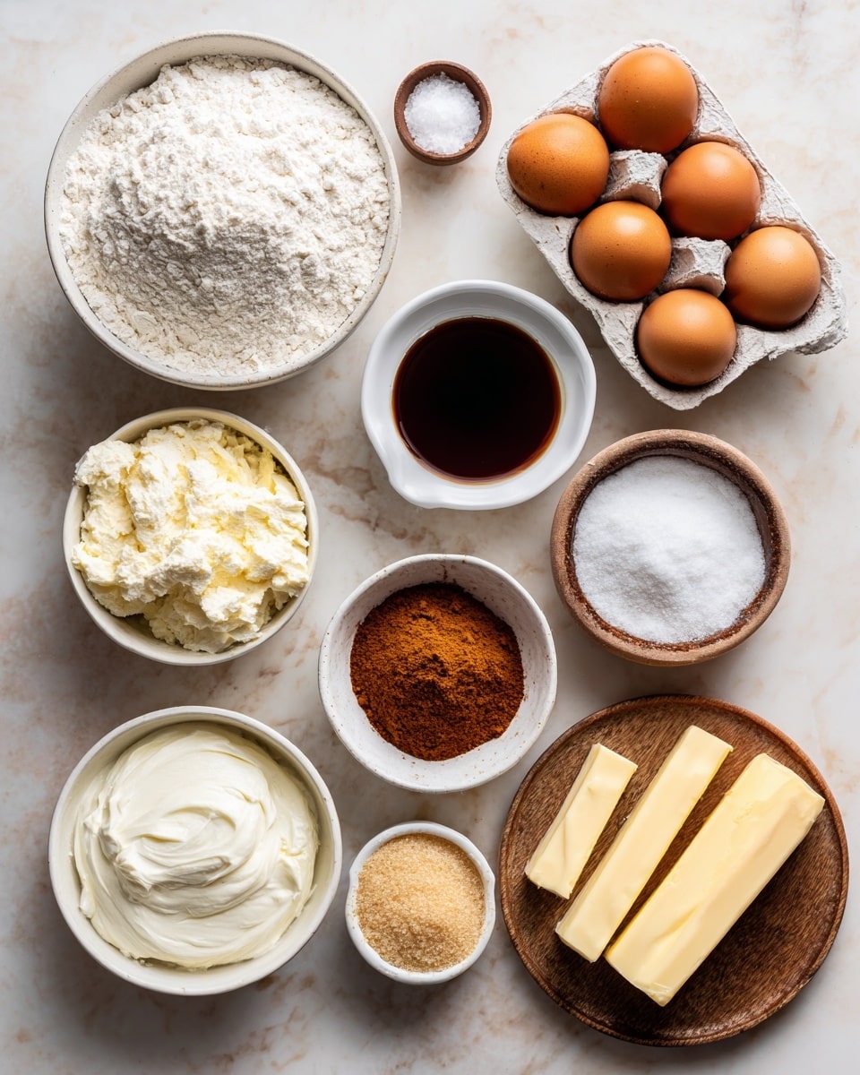 A flat lay of baking ingredients arranged neatly on a white marbled surface. There are four stacked white bowls filled with all-purpose flour (top left), powdered sugar (middle left), cream cheese (center), and sour cream (bottom center), each showing their soft, powdery or creamy textures. A round white bowl holds granulated sugar (middle top), and another small white bowl contains dark brown vanilla extract above it. Five brown eggs rest in a white egg holder (top right). A small white bowl with ground cinnamon in a warm brown color sits near the eggs. A wooden round plate on the right shows small piles of salt, baking soda, and baking powder, each white and powdery. Two sticks of pale yellow butter lie to the right of the cream cheese. A small white bowl at the bottom right corner contains coarse turbinado sugar in a golden brown tone. Lastly, a white bowl at the bottom left holds smooth whole milk, completing the collection of ingredients. The photo taken with an iphone --ar 4:5 --v 7