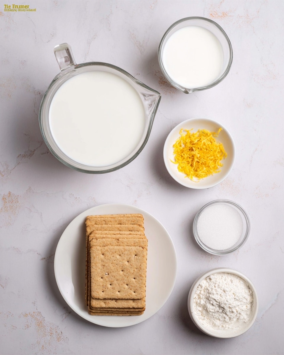 The image shows six ingredients arranged on a white marbled surface. On the left, there are two clear glass measuring cups filled with white liquids, one higher at the top and one lower at the bottom. In the center-left, there is a small white bowl containing bright yellow lemon zest. On the center-right, there is a stack of rectangular light brown crackers on a white plate, neatly stacked in two rows. To the right of the crackers, there is a small white bowl filled with white granulated sugar near the top. At the bottom right, a small white bowl holds white powder, likely flour. The scene is bright with soft lighting. Photo taken with an iphone --ar 4:5 --v 7