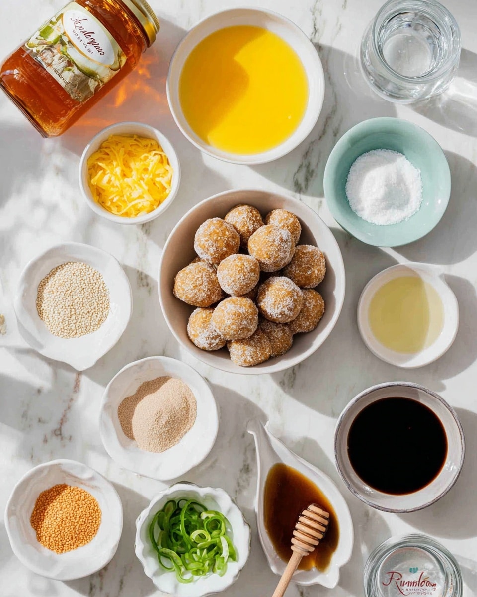 In the center, there is a white bowl filled with small round baked balls that are light brown with a slightly rough texture dusted with flour. Around the bowl, there are several small white dishes and bowls holding different ingredients arranged on a white marbled surface. Starting from the top left, there is a small white dish with a yellow grated substance, next to it a larger white bowl with bright yellow melted butter. To the right, there is a small white bowl with white powder, and further right, a small white bowl with a pale yellow liquid. Near the top center, a small light blue bowl holds white sesame seeds. On the left side near the center, a jar of orange marmalade with a gold lid is placed tilted slightly. Near the bottom left there’s a white dish with a light orange powder, a white dish with a beige minced paste, and a white bowl with thick dark brown sauce. Next to the bottom center, a white bowl contains dark soy sauce. Toward the bottom right, a small white bowl has bright green sliced scallions, and close by a white dish holds light golden honey with a honey dipper partly submerged. A clear glass of water sits near the right center. The whole scene is bright with natural light and sharp focus, photo taken with an iphone --ar 4:5 --v 7