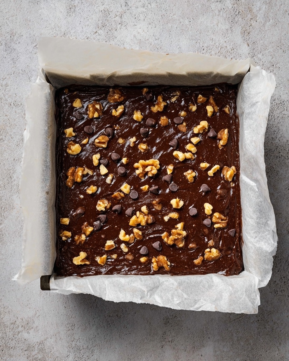The image shows a square baking pan lined with parchment paper filled with thick dark brown chocolate batter. This batter is spread evenly and topped with scattered chocolate chips and chopped walnuts that add texture and contrast with their light brown and beige colors. The parchment paper edges are folded over the pan’s sides, creating a crinkled white border around the rich, glossy chocolate mix. All this is placed on a white marbled surface that adds a subtle light texture around the pan. photo taken with an iphone --ar 4:5 --v 7
