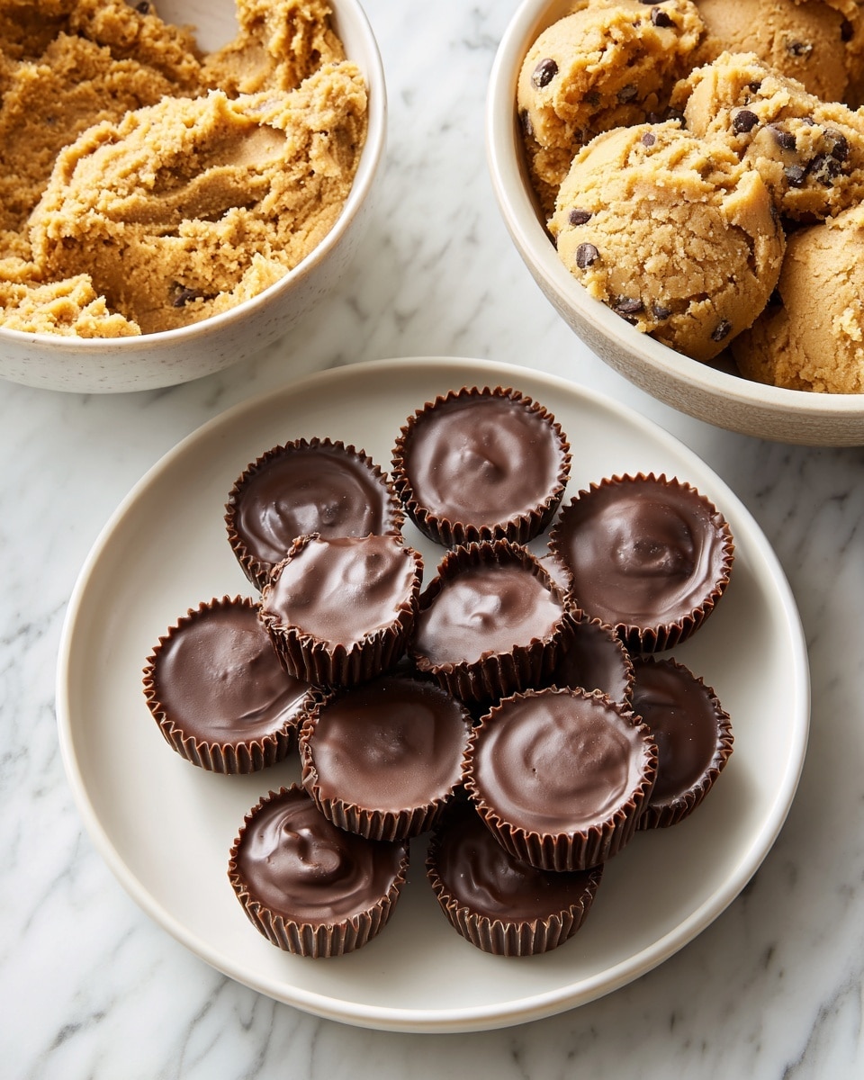 A white plate holds nine peanut butter cups arranged in close layers, each cup smooth and shiny with a rich brown chocolate top and slightly ridged edges. Next to the plate are two blue and white packages of cookie dough: one labeled