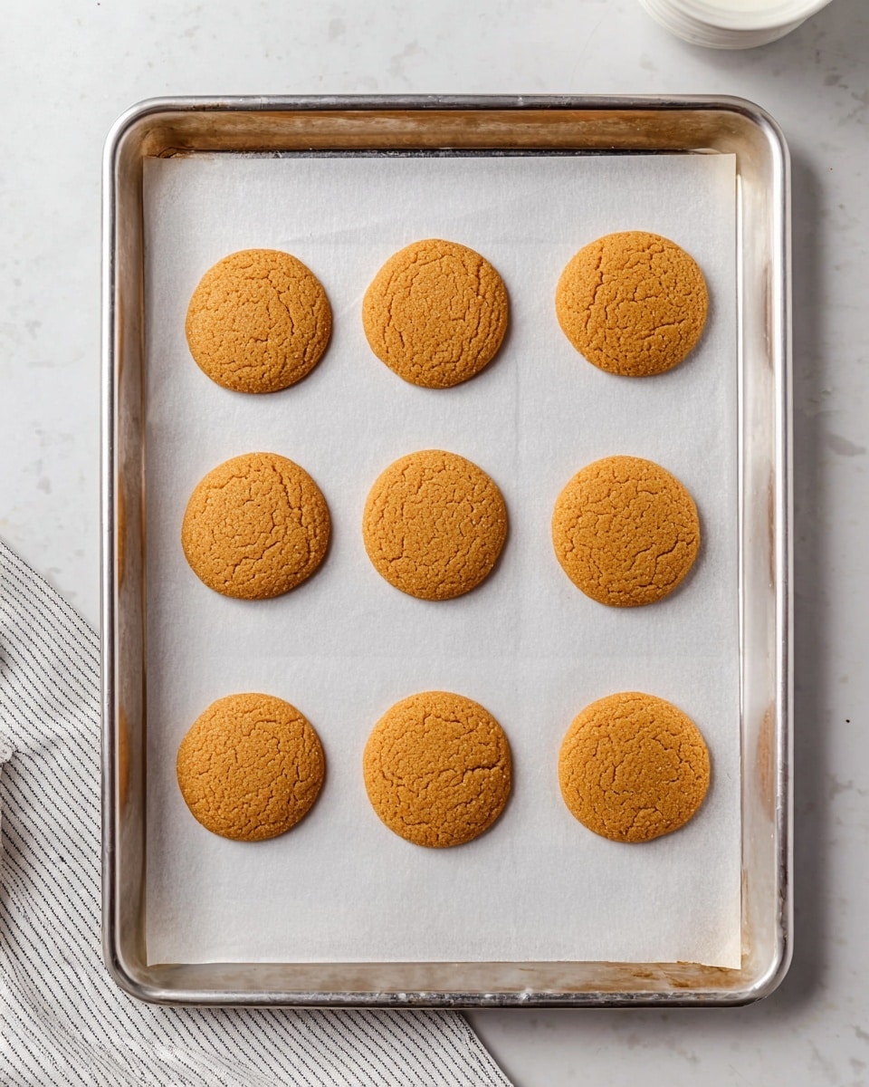 The image shows a baking sheet lined with white parchment paper, holding eight round baked cookies. The cookies are evenly spaced in two vertical columns, each cookie having a smooth top with a light brown color and a slightly textured surface indicating a soft and crumbly interior. The baking sheet is silver metal, placed on a white marbled surface with part of a folded white and gray striped cloth visible at the bottom left. There is also a white bowl partially seen at the top right corner. The overall scene is bright and clean with soft natural light. photo taken with an iphone --ar 4:5 --v 7