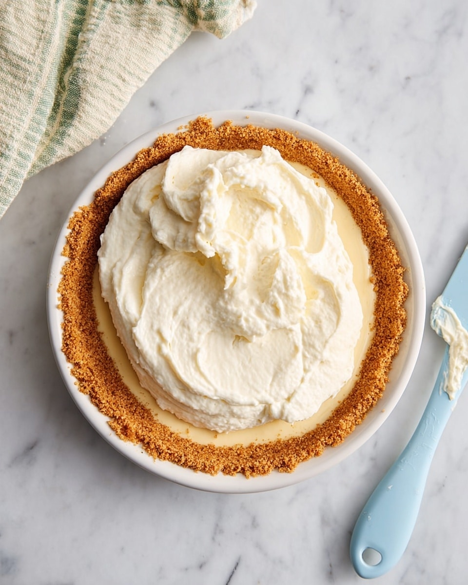 A white plate holds a crumbly, golden-brown crust that lines the edge and bottom evenly, with a thick, creamy white filling dolloped in the center in soft swirls. The plate is placed on a white marbled surface, and near the bottom right, there is a light blue spatula with some of the creamy filling on it. A part of a green and beige striped cloth is visible in the top left corner. photo taken with an iphone --ar 4:5 --v 7