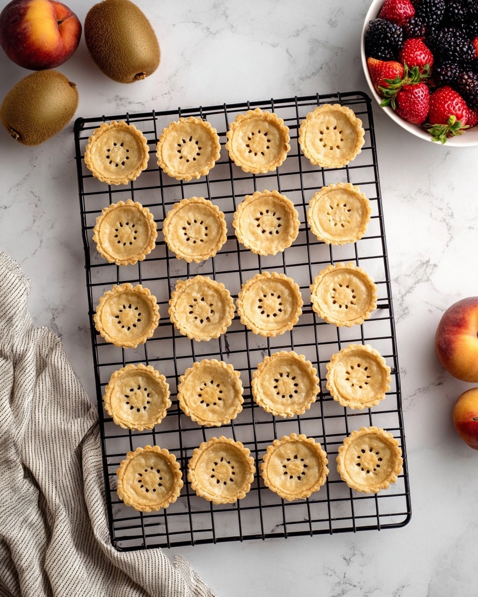 The image shows twenty-four small, light golden-brown tart shells arranged in a 6x4 grid on a black cooling rack. Each tart shell has a circular base with small holes evenly spaced in the center and slightly crinkled edges. The cooling rack is placed on a white marbled surface. In the top left corner, two brown fuzzy kiwis and one peach with red and yellow skin are visible. In the top right corner, a white bowl holds blackberries, raspberries, and strawberries. A light beige, gray, and white striped cloth lies partially in the bottom left corner. photo taken with an iphone --ar 4:5 --v 7