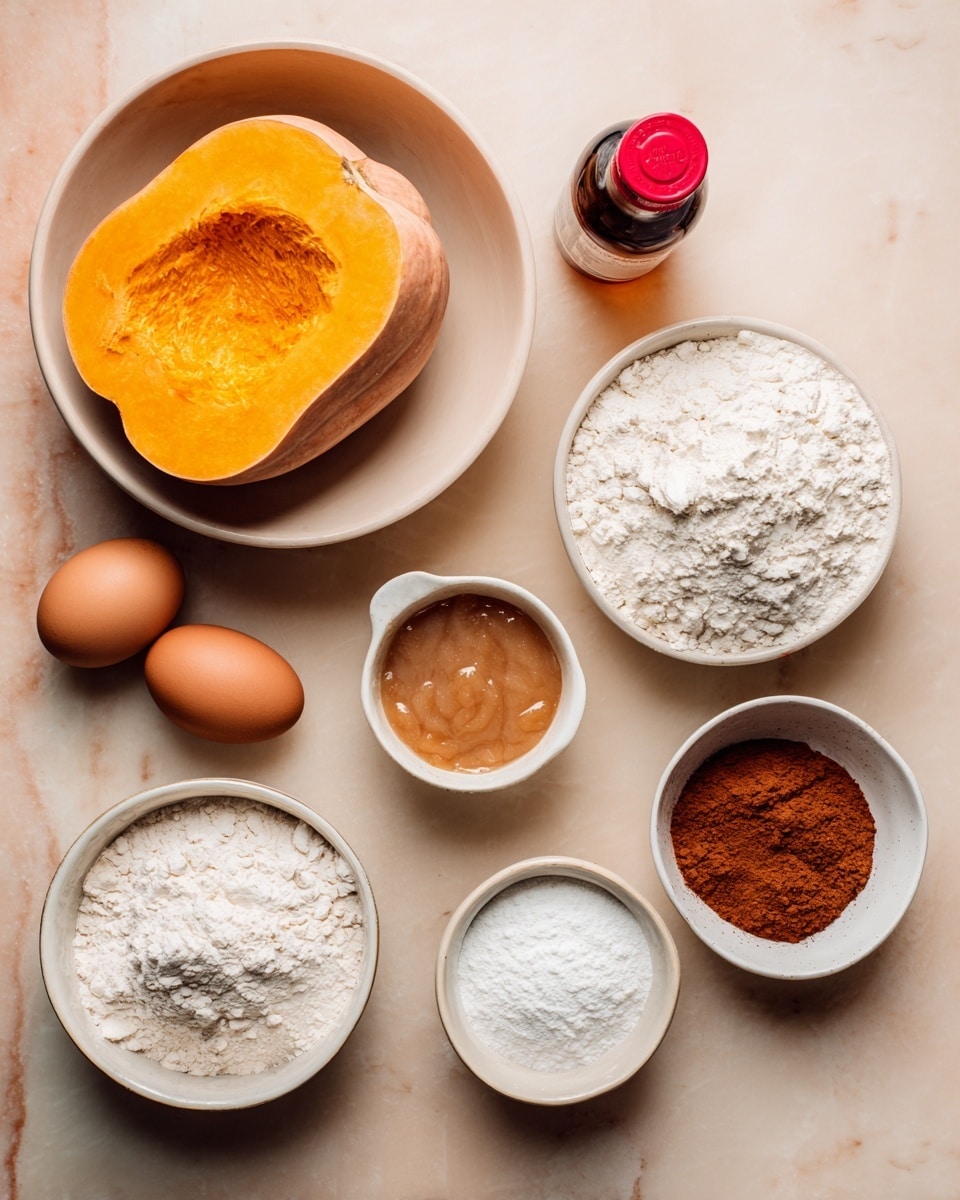 A white marbled surface holds baking ingredients arranged neatly: a purple bag of frozen butternut squash with orange pieces printed on it at the top left, below it a small bottle of maple extract with a red cap, two brown eggs side by side, a small white bowl with a light brown apple sauce, a medium white bowl filled with white flour, a small white bowl with a reddish brown powder, and another small white bowl divided into two sections – one with white powder and the other with a darker brown spice; the colors and textures contrast softly on the smooth background photo taken with an iphone --ar 4:5 --v 7