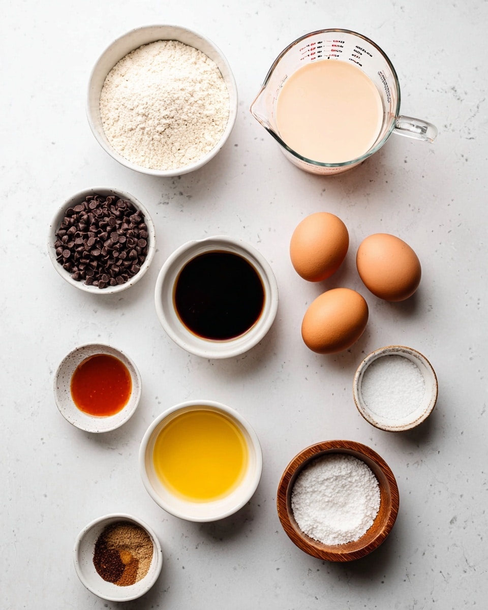 On a white marbled surface, there are multiple small white bowls and two wooden bowls arranged in a loose grid. The top left white bowl holds a light beige powder, likely flour. To its right is a clear glass measuring cup filled with a pale pink liquid. Below the flour bowl is a white bowl with a dark brown liquid, possibly vanilla extract, and to its right a white bowl with a bright golden yellow liquid. Two brown eggs rest side by side between the liquid bowls and a white bowl filled with small dark brown chocolate chips. At the bottom left, a white bowl contains a reddish-brown liquid, and next to it is a white bowl with a small amount of ground brown spice. To the right of that, there is a round wooden bowl holding white powder, maybe baking powder or flour, and another small wooden bowl with white granules, possibly salt. The setup is neat and well-spaced on the white marbled surface photo taken with an iphone --ar 4:5 --v 7
