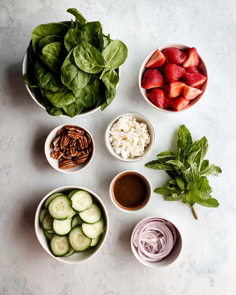 The image shows seven white bowls and some fresh mint leaves spread on a white marbled surface. The largest bowl at the top left is full of fresh dark green spinach leaves. To its right, a medium bowl holds bright red sliced strawberries, arranged evenly inside. Below the spinach, a small bowl is filled with white crumbled cheese with soft texture. In the center, a tiny bowl contains a smooth, dark brown dressing. Below the dressing is a small bowl with whole pecan nuts, brown and rough in texture. At the bottom left, a medium bowl is filled with pale green cucumber slices layered neatly. To the right of the cucumbers, a small bowl contains thin, spiraled slices of light purple onion. A bunch of fresh green mint leaves is placed loosely on the marbled background near the center right. Photo taken with an iphone --ar 4:5 --v 7