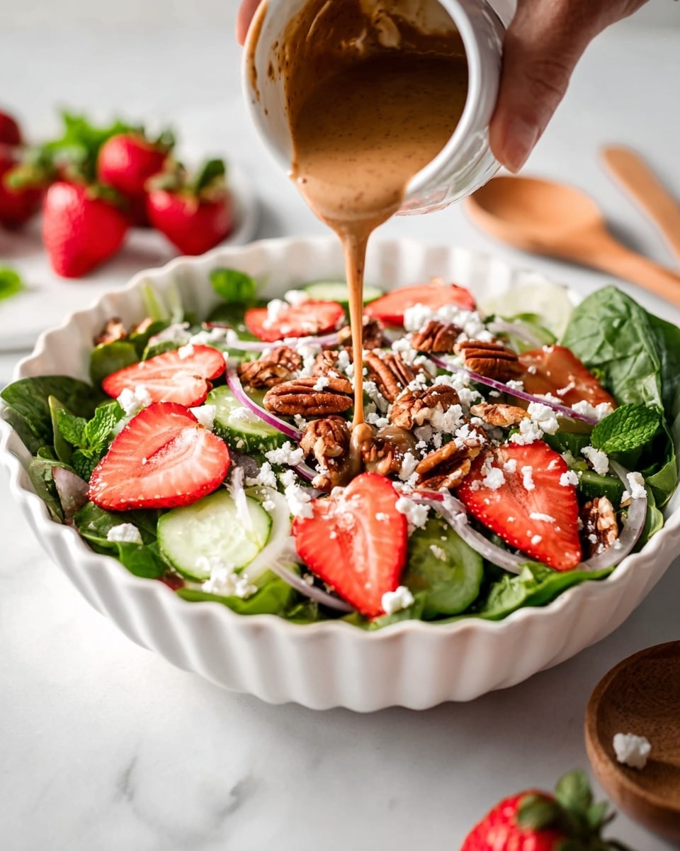 A white scalloped bowl holds a colorful salad with one layer of dark green spinach leaves as the base, topped with thinly sliced light green cucumbers and white onion slices with a slight purple edge. On top of these are bright red strawberry halves scattered evenly, along with roughly chopped brown pecans. Small white crumbles of cheese are spread all over, with tiny fresh green mint leaves sprinkled for contrast. A woman's hand is pouring a thick light brown dressing from a small white jar right into the center of the salad. The bowl sits on a white marbled surface with a wooden spoon and more strawberries and mint leaves in the background. Photo taken with an iphone --ar 4:5 --v 7