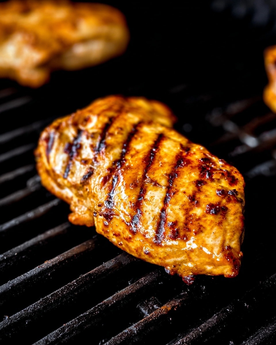 A close-up image of a single grilled chicken piece sitting on a black grill with visible char marks running lengthwise across its golden-brown surface. The chicken has a slightly thick texture and appears to be cooked evenly with some darker grill char lines creating contrast. In the background, the corner of another grilled chicken piece is partially visible. The grill bars and dark shadows add depth to the image while highlighting the warm tones of the grilled chicken. Photo taken with an iphone --ar 4:5 --v 7