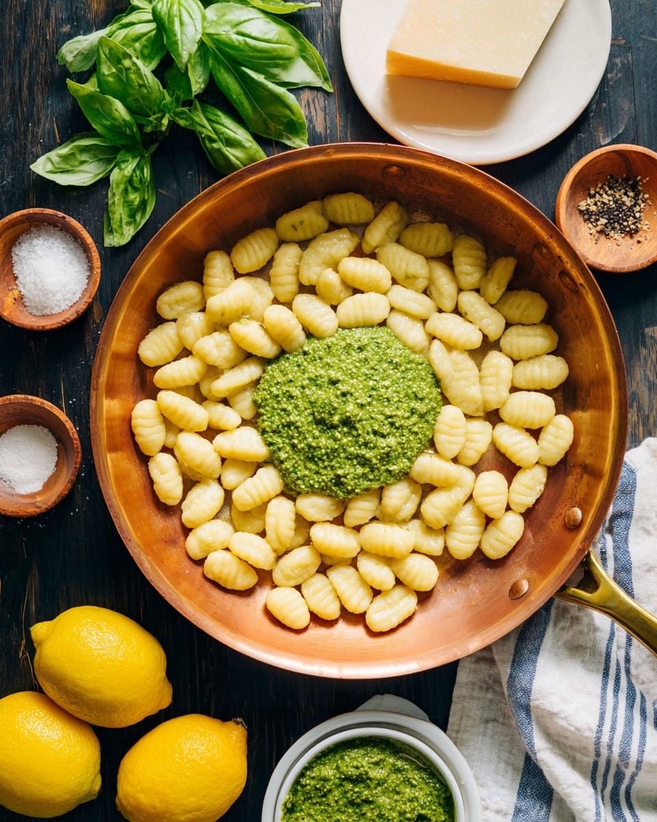 A round copper pan filled with one layer of oval-shaped gnocchi that is pale yellow in color, arranged loosely covering the entire pan bottom. On top, in the center, a dollop of thick green pesto sauce with a coarse texture stands out clearly against the gnocchi. Around the pan, on a black wooden surface, there is a white plate holding a wedge of pale yellow hard cheese, a small bowl of white coarse salt, a small bowl of black pepper, and a halved lemon with bright yellow skin. Below the pan, there are two whole yellow lemons and a small white bowl filled with more green pesto sauce. Some fresh green basil leaves are visible on the left side, with a white and blue striped cloth peeking from the right side. Photo taken with an iphone --ar 4:5 --v 7