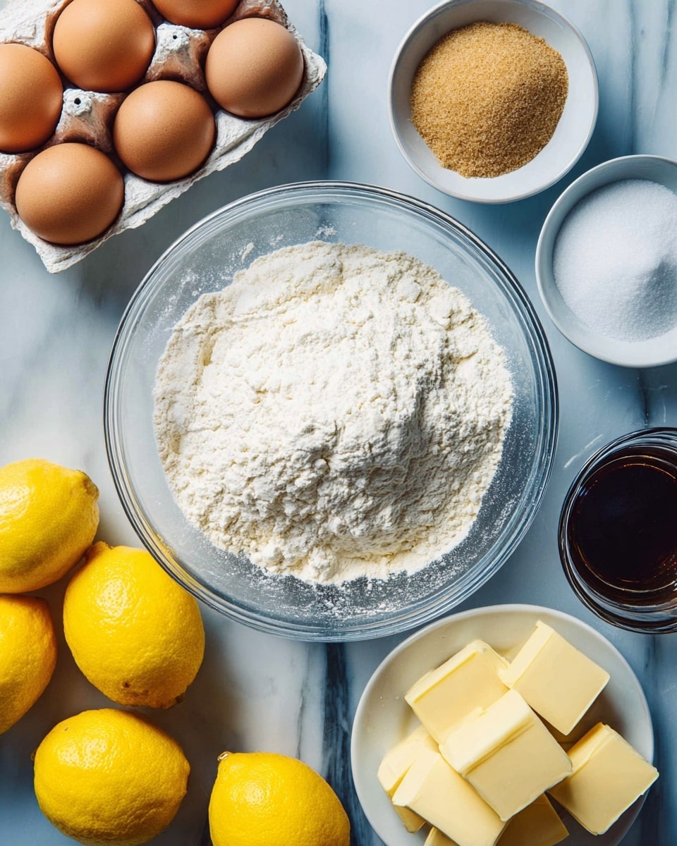 A clear glass bowl sits in the center filled with a white powdery flour mixture, slightly uneven on top. Surrounding the bowl on a white marbled surface are several bright yellow whole lemons, a white carton with seven brown eggs to the left, and two white bowls above containing brown sugar on the left and white granulated sugar on the right. In the lower right corner, a white plate holds six square pieces of butter with a bottle of dark vanilla extract nearby, all arranged neatly with vibrant colors and textures. Photo taken with an iphone --ar 4:5 --v 7