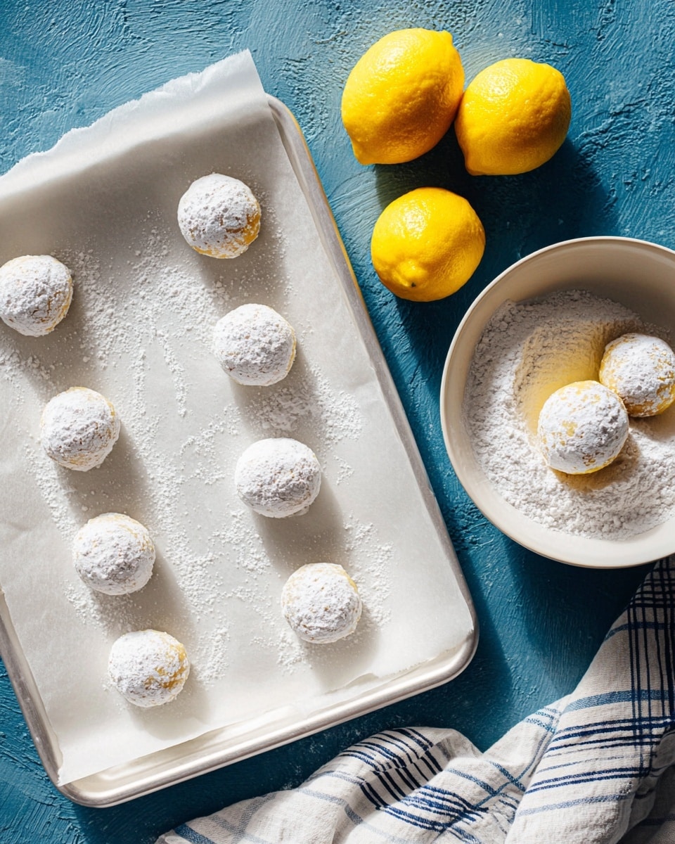 The image shows nine small round dough balls covered in white powdered sugar, placed evenly on a white tray lined with parchment paper. To the right, a white bowl holds more powdered sugar with three additional dough balls sitting inside it. Three bright yellow lemons are positioned around the tray and bowl on a blue textured surface, with a white and blue striped cloth partially visible at the bottom right corner. The scene is lit with natural light that highlights the powdery texture of the dough balls and the vibrant yellow of the lemons. Photo taken with an iphone --ar 4:5 --v 7