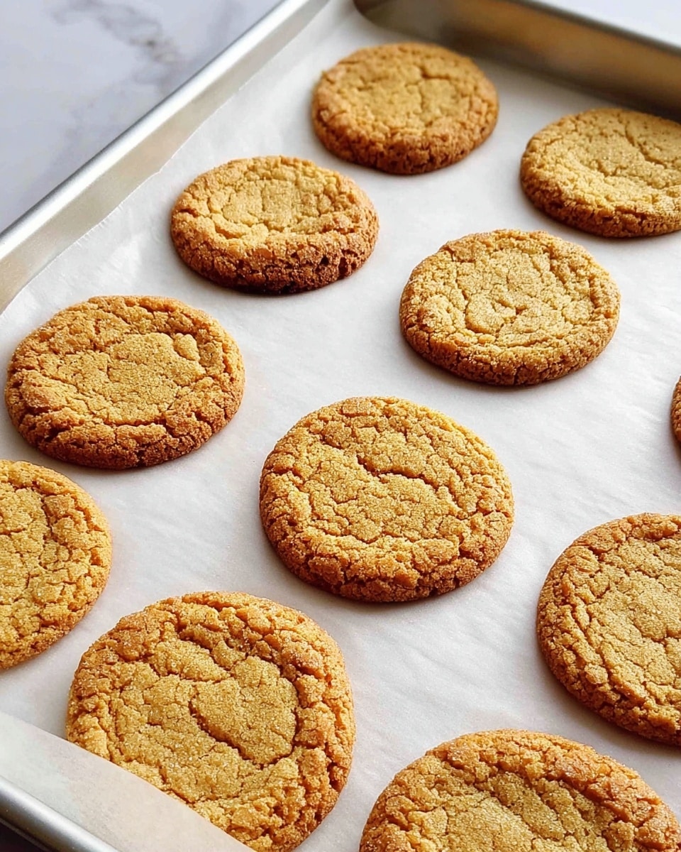A metal baking tray lined with white parchment paper holds a single layer of golden-brown cookies. The cookies are round, slightly cracked on top with a rough texture, and spaced evenly across the tray. Each cookie has a warm, crispy edge and a softer, lighter center. The background shows a white marbled surface. photo taken with an iphone --ar 4:5 --v 7
