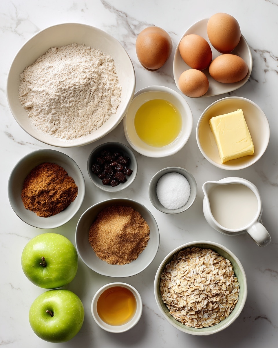 The image shows a flat lay of several white bowls and small dishes arranged on a white marbled surface. There is a large white bowl filled with light brown gluten-free flour, a medium white bowl with six brown eggs, and a white bowl with orange-yellow butter or vegan butter. A small white bowl contains a golden-yellow liquid labeled lemon juice, while another small white dish holds a dark powder labeled nutmeg. A gray bowl contains dark raisins, and a white small dish features orange-brown cinnamon powder. Three smaller bowls hold different amounts of coconut sugar, some darker brown and some lighter, labeled for topping, apple mixture, and egg mixture. A medium gray bowl contains three bright green apples. A white pouring jug is filled with almond milk, and a small white bowl holds vanilla extract with a golden color. Another small brown bowl contains light-colored rolled oats. All bowls are neatly spaced, with each ingredient clearly visible and labeled in clean white text boxes. The overall feel is clean, simple, and organized. photo taken with an iphone --ar 4:5 --v 7