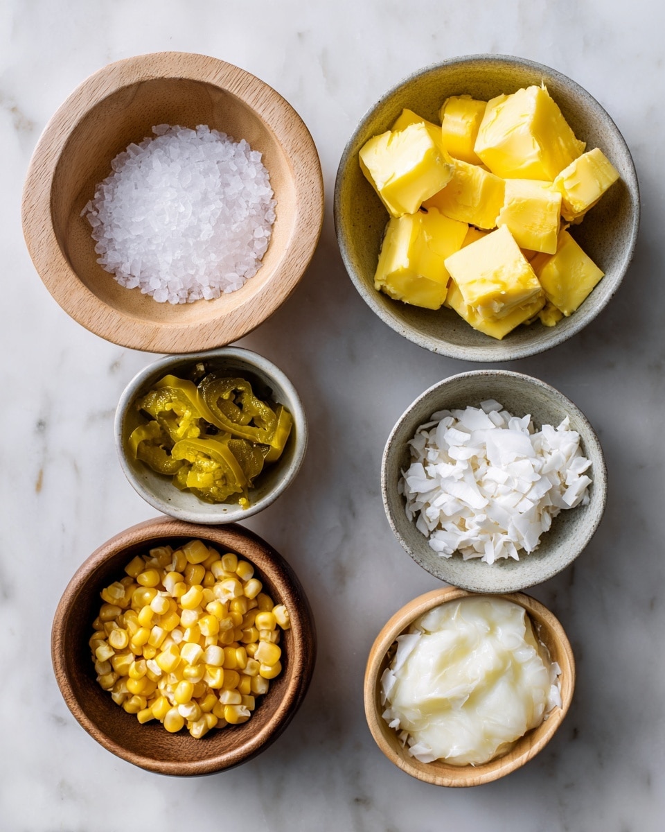 Five small bowls are arranged on a white marbled surface. The top left bowl is a light wood color and holds white salt crystals. The top right bowl is white and filled with yellow butter chunks. In the center, a grey bowl holds bright yellow pickled jalapeno slices. The bottom left bowl is dark inside, containing shiny golden corn kernels. Finally, the bottom right light wood bowl has white coconut oil with a soft, creamy texture. Each bowl is spaced evenly apart, and the light reflects softly on the ingredients. Photo taken with an iphone --ar 4:5 --v 7