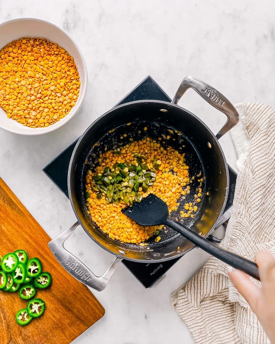 A black pot with two silver handles sits on a black stovetop on a white marbled surface. Inside the pot, there is a layer of orange and yellow lentils spread unevenly, mixed with green sliced jalapeños, being moved with a black spatula held by a woman's hand at the bottom of the image. To the left of the pot, there is a white bowl filled with orange and yellow lentils on a wooden cutting board with fresh green jalapeño peppers, some whole and some sliced. A beige and white striped cloth is placed on the right side of the stovetop on the white marbled surface. photo taken with an iphone --ar 4:5 --v 7