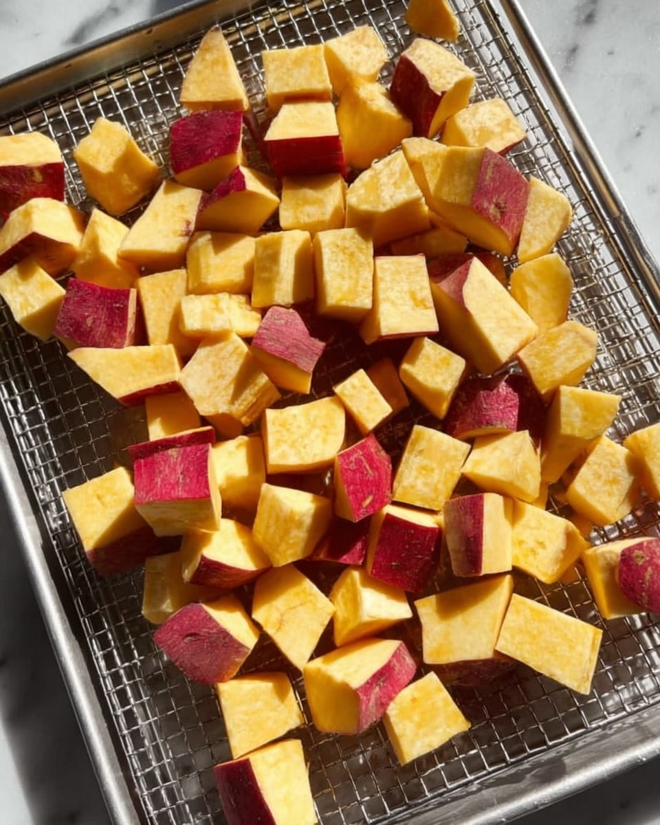 The image shows many small cubes of yellow sweet potato with red skin pieces scattered evenly on a silver mesh tray. The cubes have smooth surfaces and sharp edges, with the red skin adding a contrast mainly on top and around the sides of some pieces. The tray is placed on a white marbled surface with sunlight shining brightly, creating soft shadows under the cubes and highlighting their textures. photo taken with an iphone --ar 4:5 --v 7