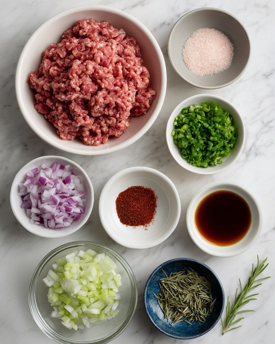 The image shows seven small white bowls and one clear glass bowl arranged neatly on a white marbled surface. The clear bowl contains two layers of raw ground lamb with a coarse texture and pinkish-red color at the top left. Next to it are white bowls filled with finely chopped pale purple shallots, bright green chopped cilantro, dark red paprika powder, and dark amber fish sauce. There is a small grey bowl with a light pink pile of salt and a blue bowl with dried green rosemary leaves. Each bowl is labeled with text indicating its content. Photo taken with an iphone --ar 4:5 --v 7