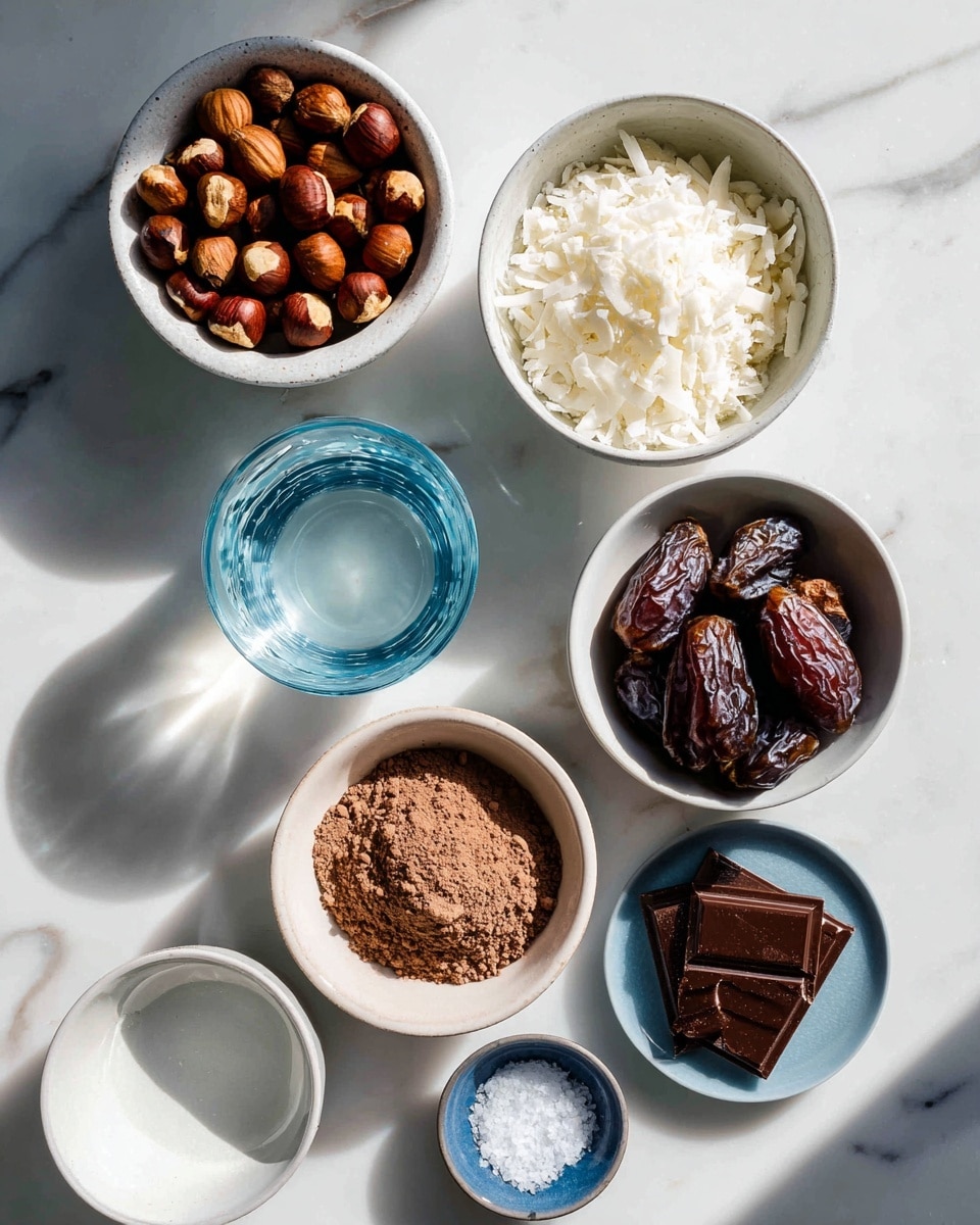 The image shows six small white bowls arranged on a white marbled surface in natural light. The top left bowl is filled with whole brown hazelnuts, the middle left bowl holds white shredded coconut with a coarse texture, and the top right bowl contains dark brown dates with a glossy surface. Below these, a white bowl in the center holds light brown protein powder with a fine texture, next to a small blue bowl with crumbly dark brown cocoa powder. On the bottom left, a small white dish contains clear water, and above it, a small white bowl with a blue inside holds a small white pile of salt. To the right edge is a brown packet labeled “Hazelnut Butter Dark Chocolate.” The light casts soft shadows around the bowls, highlighting the natural textures photo taken with an iphone --ar 4:5 --v 7