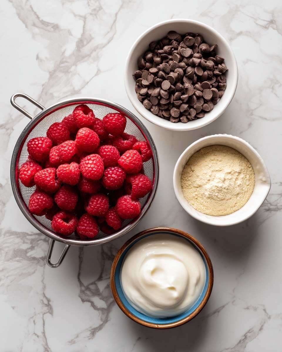 A close-up image shows five ingredients placed on a white marbled surface: bright red raspberries in a silver metal colander on the left, a white bowl filled with small dark brown chocolate chips above the center, a small white bowl holding light beige protein powder on the bottom right, a white measuring cup filled with smooth white yogurt on the bottom left, and a small two-tone bowl with a brown outside and blue inside that holds a dollop of solid white coconut oil near the center right. Each ingredient is labeled directly on top with black text. photo taken with an iphone --ar 4:5 --v 7