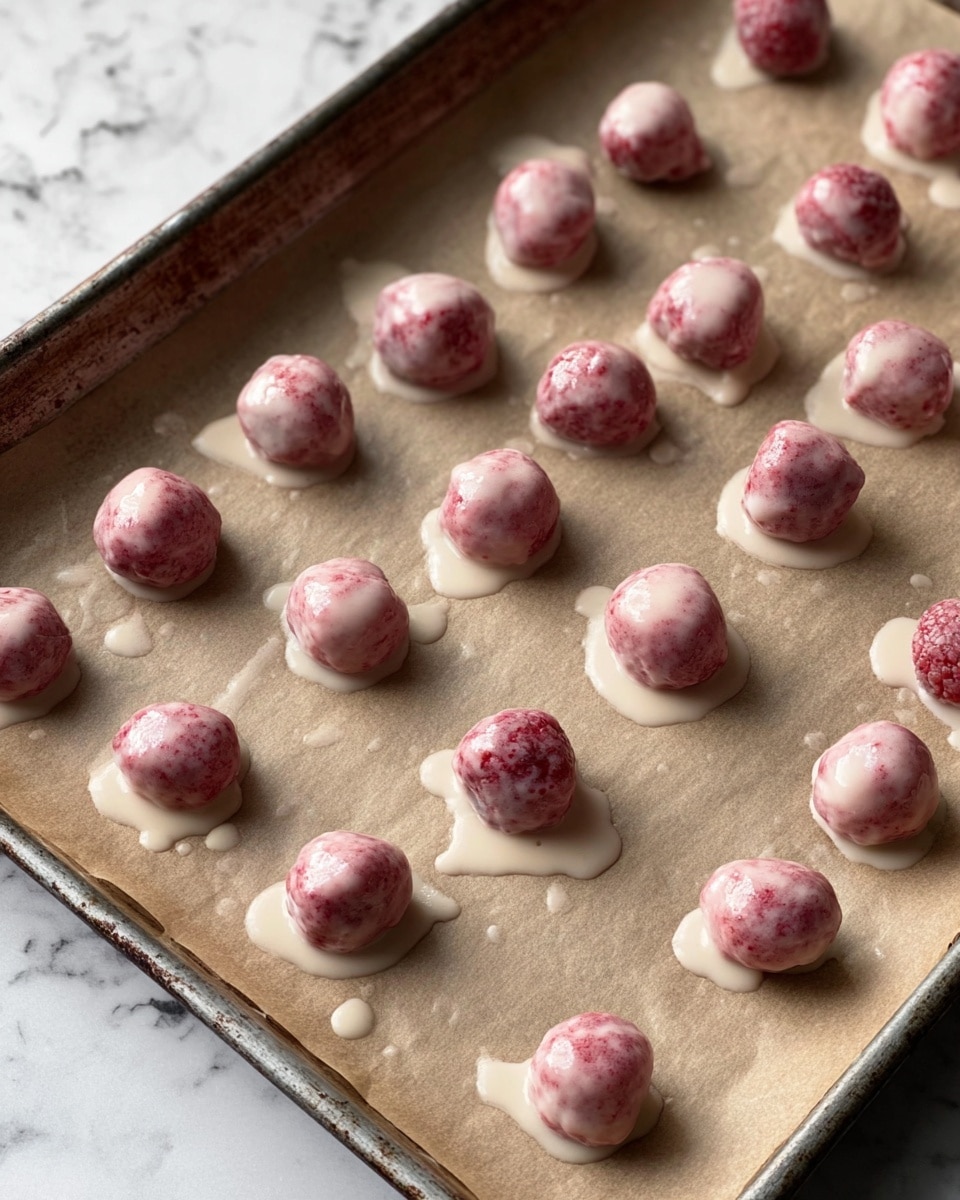 The image shows a metal baking tray lined with parchment paper on a white marbled surface. On the tray, there are about 30 small round berries, each covered in a thin layer of creamy white coating, giving them a smooth and shiny texture. The berries are spaced evenly across the parchment paper, with some coating drips visible around their bases. The berries show a pinkish red with the white coating slightly translucent. photo taken with an iphone --ar 4:5 --v 7