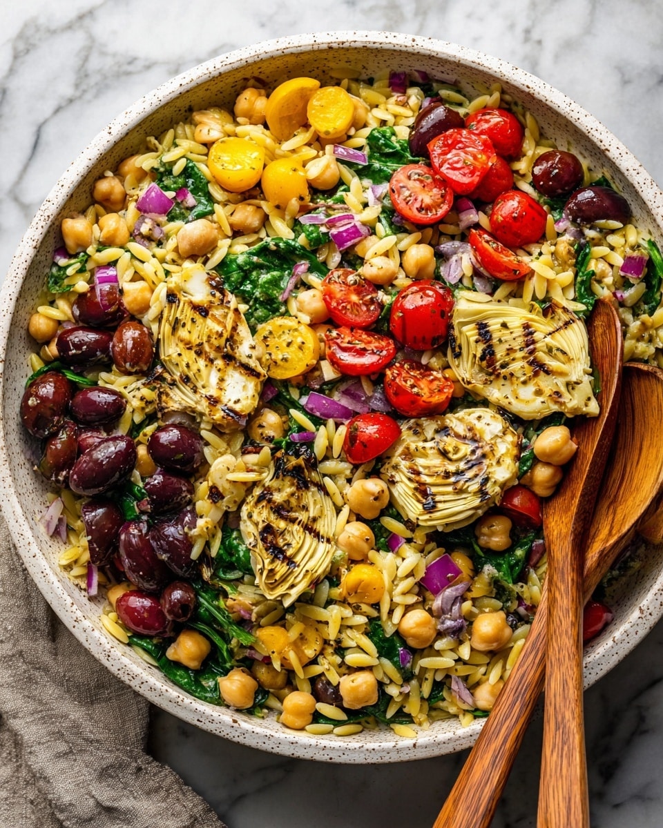 A large white speckled bowl filled with a colorful orzo salad. The first layer is small yellow orzo pasta. On top of that, there are scattered chickpeas, bright red and yellow cherry tomato halves, and dark purple olives. Slices of grilled artichoke with light brown grill marks lie evenly over the salad. There are chopped fresh green spinach leaves mixed in, along with small pieces of finely chopped red onion spread throughout. The dish looks seasoned with pepper, and two wooden serving spoons rest inside the bowl on the right side. The bowl is placed on a white marbled surface with a light gray cloth underneath on the left. Photo taken with an iphone --ar 4:5 --v 7