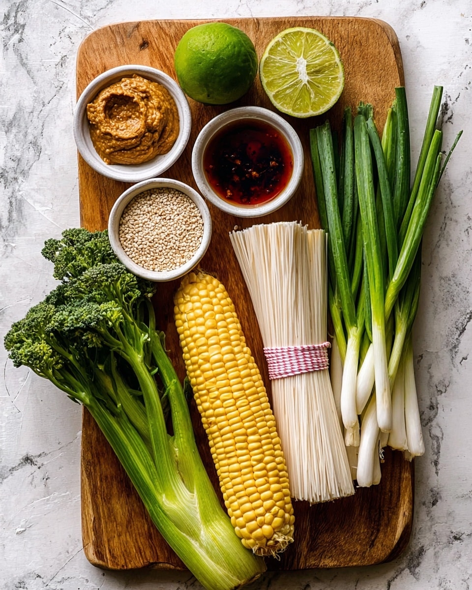 The image shows a wooden cutting board on a white marbled surface, with fresh ingredients neatly arranged. On the board, there are two small white bowls, one holding a thick brown paste and the other filled with sesame seeds and a splash of dark red sauce. A whole lime sits at the top center. Below the bowls and lime, there is a bright yellow corn cob placed horizontally. In the middle, several green broccolini stalks are laid vertically, next to two bundles of white noodles tied with pink patterned bands. On the right side, a cluster of fresh green spring onions with white bulbs is positioned vertically. The scene is bright and fresh, with clear textures of the vegetables and ingredients visible. Photo taken with an iphone --ar 4:5 --v 7