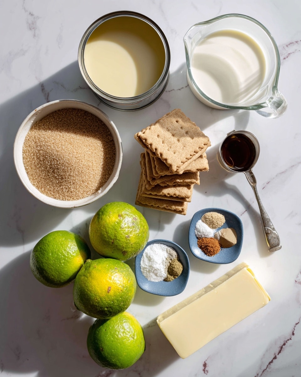 The image shows various ingredients for a recipe arranged neatly on a white marbled surface. There is a small white bowl with packed brown sugar on the left, above which sits an opened can of sweetened condensed milk with pale yellow liquid exposed. To the right, a clear glass measuring cup holds white heavy cream. Next to it, a small stack of light brown graham crackers is placed. In the center, there is a cluster of green key limes with a few yellowish patches. A small blue plate holds three different spices in small piles—light brown, reddish-brown, and white. Below the limes, there is a stick of pale yellow butter in its wrapper and a metal measuring spoon filled with dark vanilla extract. The layout is clean and organized, with bright natural lighting. Photo taken with an iphone --ar 4:5 --v 7
