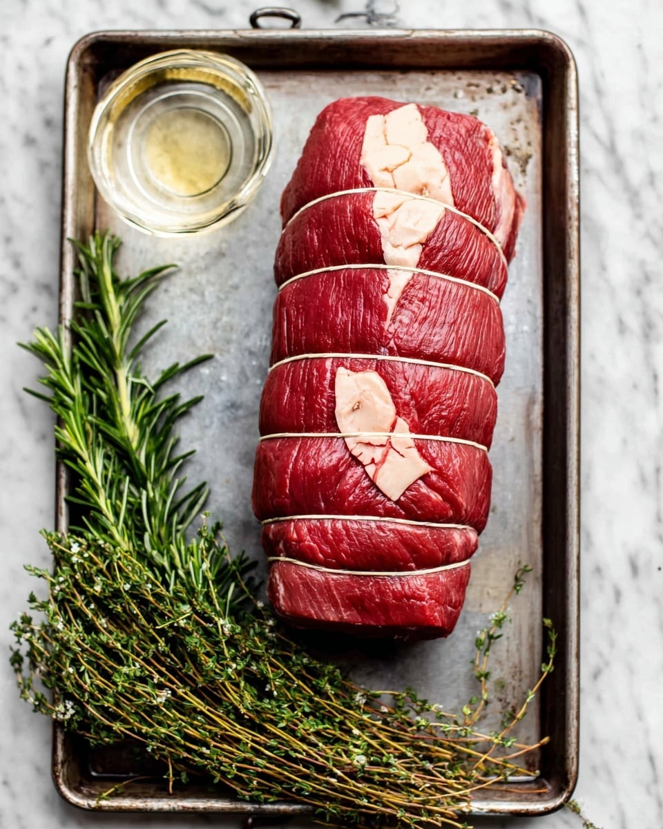 A tied beef roast with bright red color and small soft white fat patches, sitting on a silver metal tray with light scratches and a slightly darkened edge. The roast is wrapped in light beige string tied tightly around it in five horizontal loops and one vertical loop. To the left of the roast is a fresh green rosemary sprig with fine sharp needles at the bottom and a small glass bowl of clear liquid above it. To the right of the roast is a bunch of fresh thyme with small green leaves on thin brown stems. The tray rests on a surface with a white marbled texture. Photo taken with an iphone --ar 4:5 --v 7