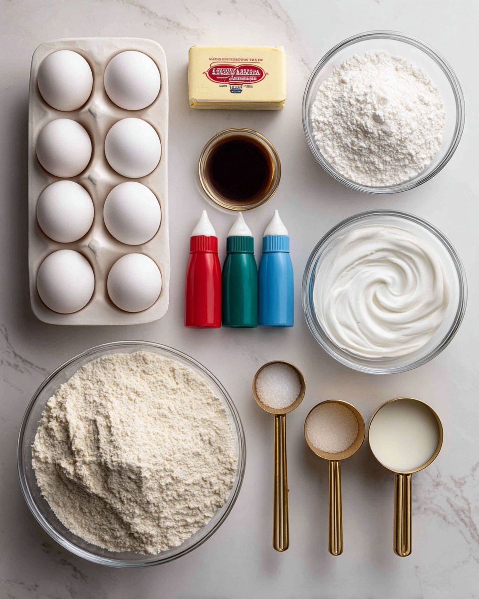 The image shows baking ingredients arranged neatly on a white marbled surface. There are six white eggs in a white egg tray on the left side. Above the eggs is a rectangular stick of unsalted butter in its packaging. In the center, a small gold measuring spoon holds dark brown vanilla extract, with three squeeze bottles of food coloring in blue, red, and green next to it. To the right, two gold measuring cups are filled with white sugar and whole milk, set side by side. A small clear glass bowl contains a mix of baking powder and salt, placed near a large clear bowl full of light-colored all-purpose flour at the bottom. Everything is clean and well organized, ready for baking. photo taken with an iphone --ar 4:5 --v 7