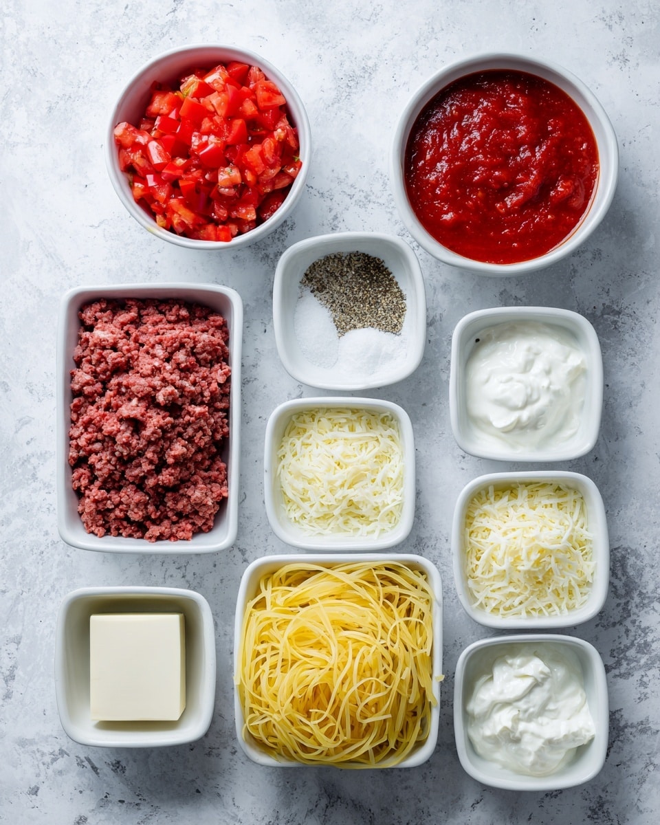 A top view of various cooking ingredients arranged on a white marbled surface. There are nine containers in total: a white bowl with bright red chopped tomatoes positioned on the top left; next to it, a white bowl with thick red tomato sauce; a small white bowl with coarsely ground black pepper; a rectangular white bowl with deep red ground beef; a tiny white bowl filled with fine white salt; a small white bowl containing a white square of cream cheese; a white bowl heaped with long yellow egg noodles; another white bowl filled with shredded pale yellow cheese; a tiny white bowl holding finely minced light beige garlic; and a white bowl with thick white sour cream. All ingredients are clearly separated and placed neatly in a balanced layout. Photo taken with an iphone --ar 4:5 --v 7