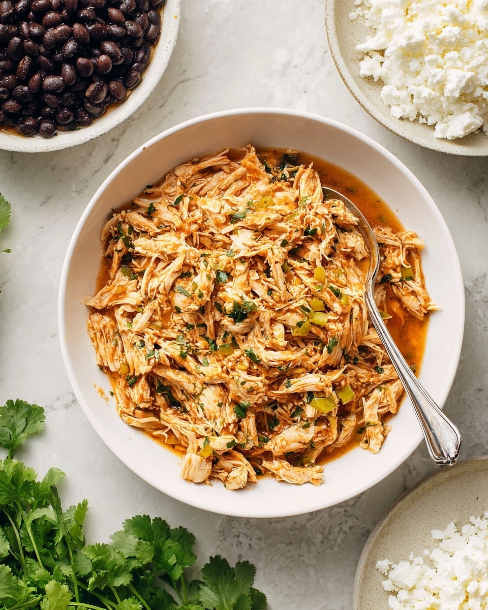 A white bowl filled with shredded cooked chicken layered with pieces of green herbs and small bits of yellow and orange ingredients, all mixed in a light sauce that is orange-brown in color, with a silver spoon resting on the side inside the bowl. To the left, there is a white bowl filled with shiny black beans, and to the right, a white plate with crumbly white cheese. At the bottom right, part of a white bowl with plain white rice is visible, and fresh green cilantro leaves are placed at the bottom left on a white marbled surface. Photo taken with an iphone --ar 4:5 --v 7