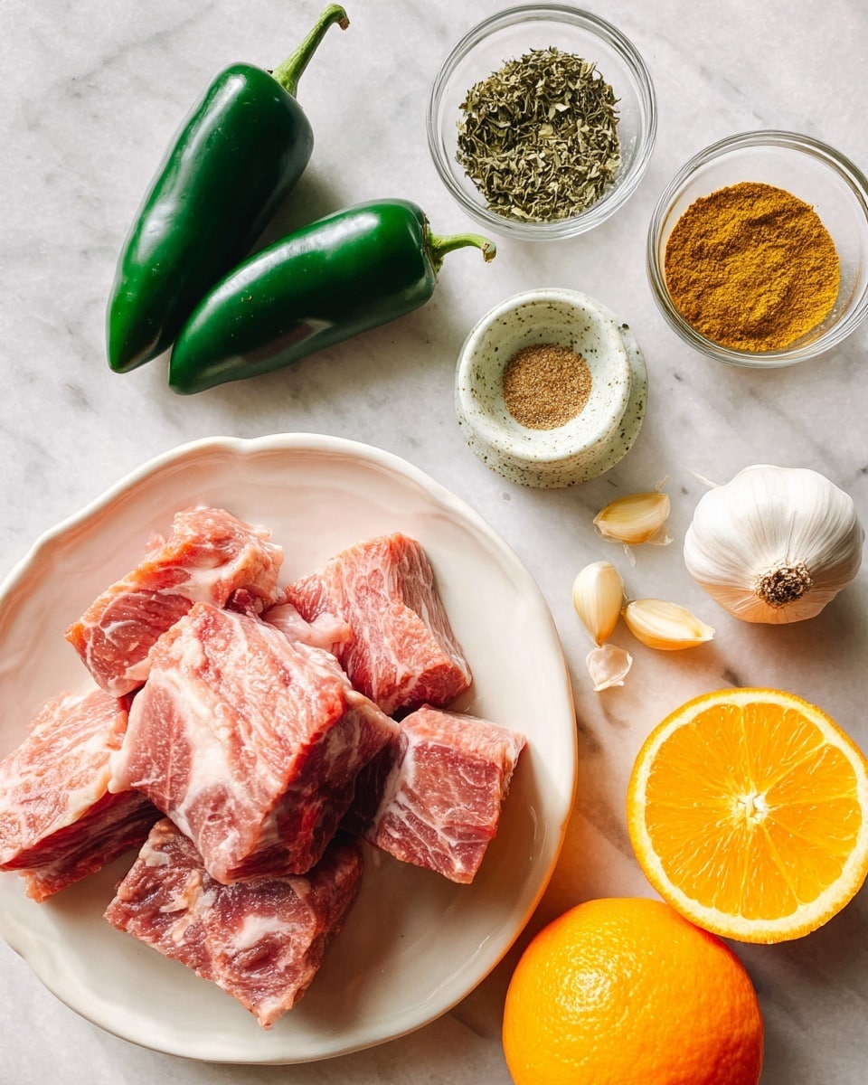 Raw pieces of pink meat with white fat veins are stacked in the center on a white plate with a slightly wavy rim at the bottom right. To the left of the plate, two whole dark green jalapeño peppers lie on a white marbled surface. Above them, a small white bowl with green speckles holds dried leafy herbs. Next to it, two small clear glass bowls contain different fine ground spices in light brown and yellowish-green colors. To the right, a whole bulb of garlic along with three separated garlic cloves with light brown skins rest on the white marbled surface. An orange with a bright orange rind sits near the garlic, while two orange halves with juicy, bright orange flesh and seeds are placed cut side up in the bottom left corner. The photo is taken with an iphone --ar 4:5 --v 7