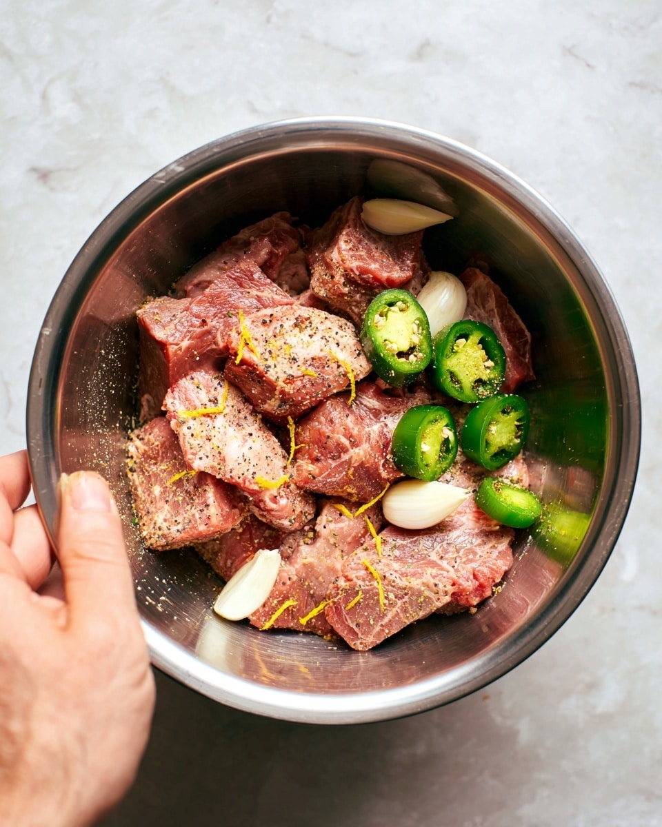 Inside a shiny metal bowl, there are large pieces of raw meat with a pink and slightly red color, sprinkled with black pepper and small bits of orange zest on top. Among the meat chunks, there are four halved green jalapeño peppers showing seeds and white garlic cloves scattered around. A woman's hand is holding the side of the bowl from the bottom left corner. The bowl is placed on a white marbled textured surface. photo taken with an iphone --ar 4:5 --v 7