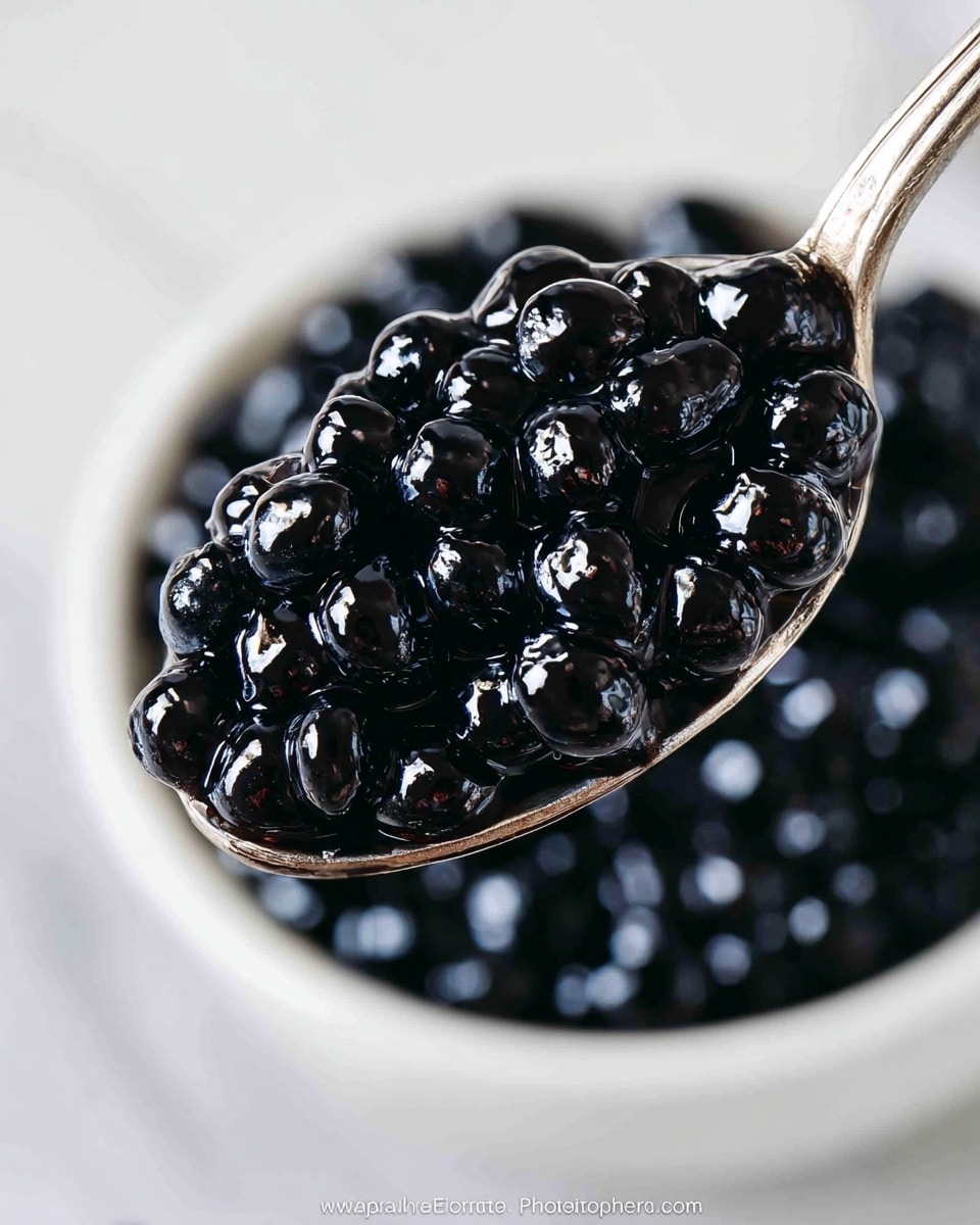 A close-up image of a silver spoon filled with shiny black tapioca pearls, showing their smooth, glossy texture. The pearls are round and tightly packed on the spoon. Below the spoon, more tapioca pearls fill a white bowl, slightly out of focus to highlight the pearls on the spoon. The surface under the bowl is a white marbled texture. The photo taken with an iphone --ar 4:5 --v 7