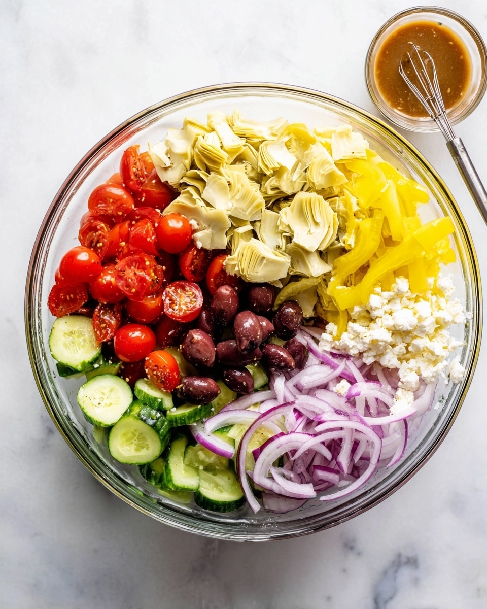 A clear glass bowl on a white marbled surface holds a colorful layered salad arranged in sections. Starting from the top and moving clockwise, the first layer has chopped artichoke hearts in a pale yellow and beige tone with a soft texture. Next to it is a group of bright red cherry tomatoes, some whole and some sliced in half, showing juicy insides. Then, there is a pile of thin yellow pepper strips with a crisp look. Below the peppers, dark purple olives are halved and placed closely together. Next to the olives, there are round green cucumber slices with dark green skins and pale green centers, overlapping slightly. Moving left, thinly sliced red onions with white and purple rings add a crunchy texture. Finally, small white crumbled cheese sits beside the onions. A clear cup with a silver whisk and brown dressing is placed near the bowl on the white marbled surface. photo taken with an iphone --ar 4:5 --v 7