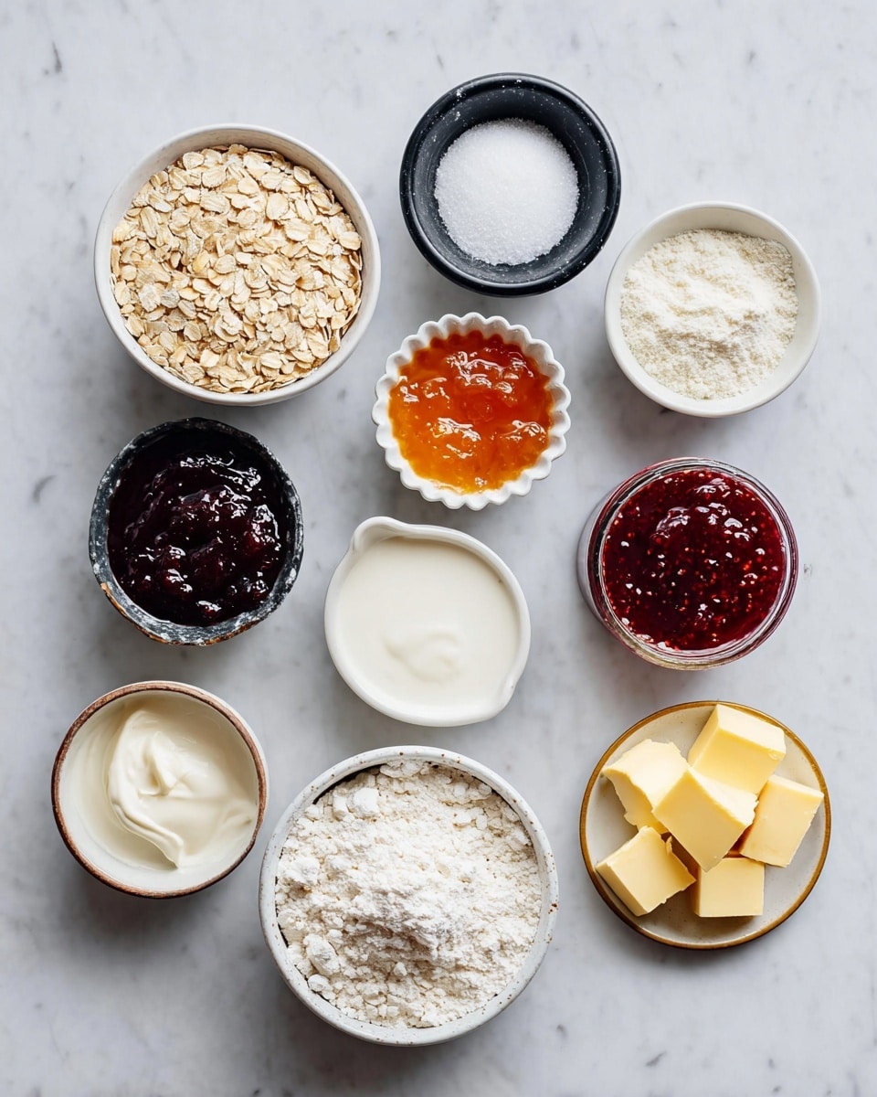 The image shows a white marbled surface with eleven small bowls arranged neatly. From left to right and top to bottom, there is a bowl of light brown oats, a small black bowl with white salt, a small white bowl with smooth white yogurt, a small marble bowl of white sugar, a ramekin of orange jam, a ramekin of dark red jam, a ramekin of dark purple jam, and a ramekin of bright red jam. At the center bottom, there is a white bowl filled with white flour and a white bowl with yellow butter cubes. Finally, at the bottom right, a small gold plate holds white baking powder. All bowls are placed clearly visible with different textures and colors. Photo taken with an iphone --ar 4:5 --v 7