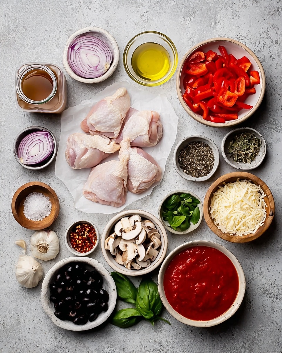 The image shows several small white bowls and a few wooden bowls arranged on a gray textured surface, each holding different cooking ingredients. At the center, there are a few pieces of raw chicken thighs on white parchment paper. Surrounding the chicken, clockwise from top left, there is a small jar with a brown liquid, a glass jar with dark liquid, a small white bowl with olive oil, a wooden bowl with sliced red onions, a wooden bowl filled with cracked black pepper, a small white bowl with salt, a small black bowl with sliced garlic, a white bowl with green fresh basil leaves, a small white bowl with dried herbs, a small golden bowl with red chili flakes, a small white bowl filled with shaved cheese, a small white bowl holding black olives, a small white bowl with sliced red bell peppers, a white bowl with bright red tomato sauce, and a speckled bowl with sliced brown mushrooms. The overall setting has a neat and organized look, ready for cooking preparation, placed on a white marbled texture photo taken with an iphone --ar 4:5 --v 7
