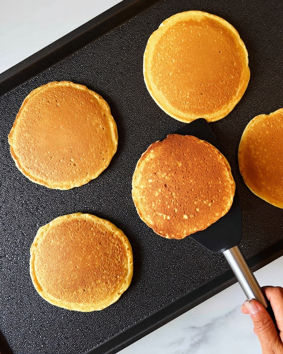 The image shows four golden brown pancakes cooking on a black griddle with a textured surface. One pancake is being lifted by a black spatula with a silver handle, held by a woman's hand visible in the bottom right corner. Each pancake is round with a smooth, slightly porous texture and even color, varying slightly in shade from light to medium golden brown. The griddle covers most of the frame with a white marbled surface visible at the bottom edge. photo taken with an iphone --ar 4:5 --v 7