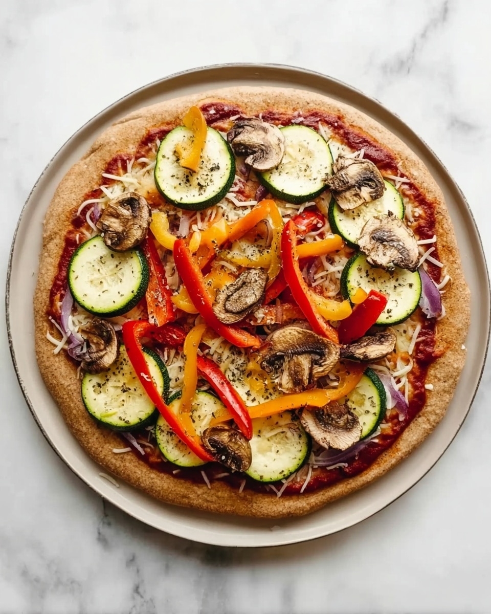 A round pizza with one thick, golden-brown crust sits on a white plate on a white marbled surface. The first layer is red tomato sauce spread evenly under the toppings. Scattered white shredded cheese is visible above the sauce. On top, there are circular slices of light green zucchini arranged in a ring near the middle. Bright strips of red, orange, and yellow bell peppers are spread around and between the zucchini. The last layer is larger brown mushroom slices placed on top of the vegetables, sprinkled with black herbs or pepper. The pizza looks fresh and colorful. photo taken with an iphone --ar 4:5 --v 7