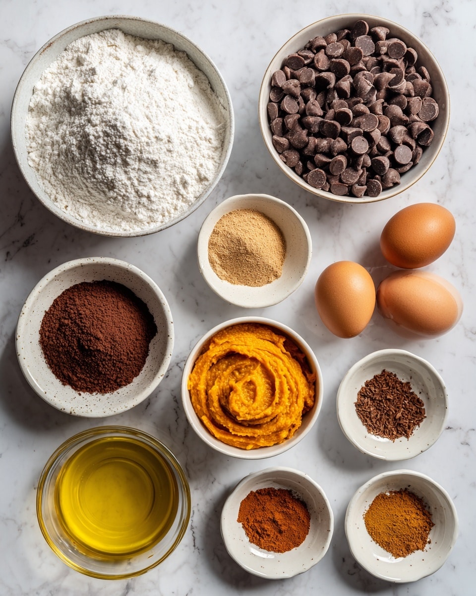 The image shows a flat layout of baking ingredients on a white marbled surface. There are ten small white bowls and one larger white bowl, each holding different ingredients. Starting from the left, the large bowl contains white self-rising flour with a powdery texture. Above it is a small bowl filled with light brown soft brown sugar that looks crumbly. Below the flour bowl is a small white bowl holding dark brown cocoa powder. To the right of the cocoa, a small bowl contains bright orange pumpkin puree with a smooth texture. Above that, a small bowl holds two whole eggs with smooth brown shells. Next to the eggs is a larger white bowl filled with lots of medium brown chocolate chips that look rounded and dense. On the right side, four small white bowls are arranged in a cluster, holding white salt, light brown ground ginger, dark brown mixed spice, and warm brown cinnamon powders. Below these bowls, a small glass bowl contains golden yellow olive oil with a shiny surface. The ingredients are evenly spaced and neatly arranged for a clear view. Photo taken with an iphone --ar 4:5 --v 7