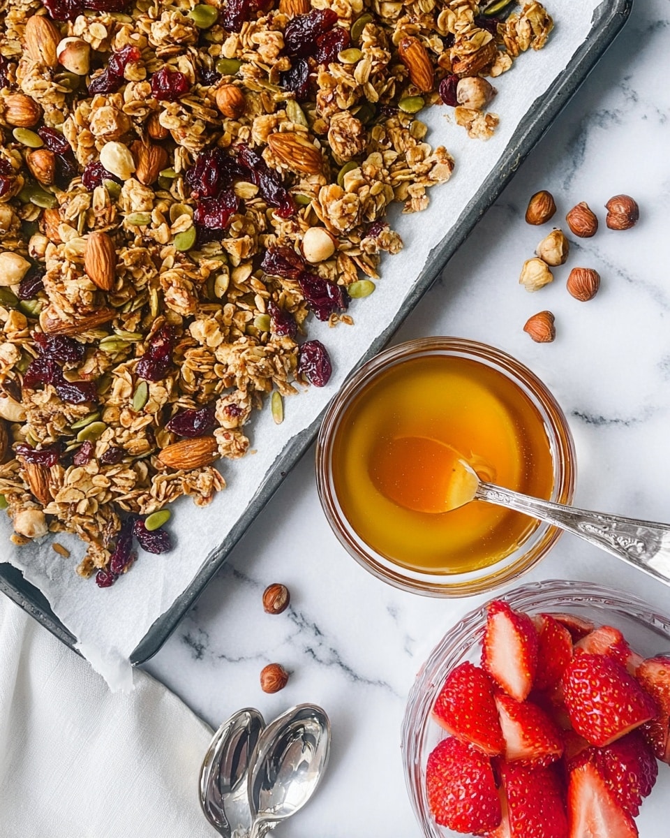 A large white baking tray covered with crinkled white parchment paper holds a thick layer of chunky granola. The granola is composed of clusters of golden-brown oats mixed with whole almonds, hazelnuts, and green pumpkin seeds scattered throughout. Dried red cranberries and darker dried berries are mixed evenly in the granola, adding pops of deep red and purple colors. A metal spoon rests on the parchment, scooping a small portion of the granola, showing the varied textures of the nuts, seeds, and oats close up. The background is a white marbled texture. photo taken with an iphone --ar 4:5 --v 7