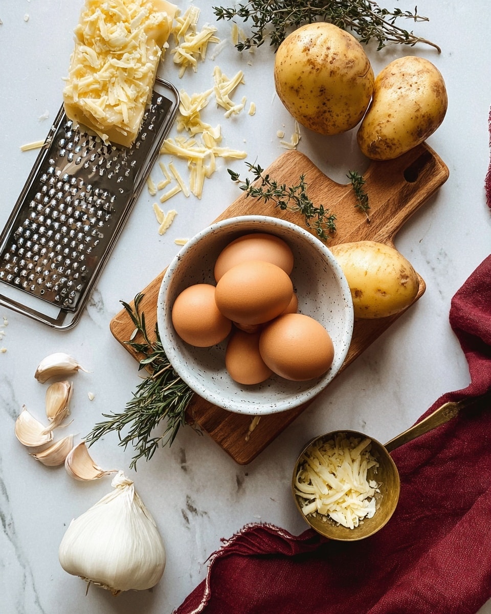 A white speckled bowl holds six brown eggs and is placed in the center on a small wooden cutting board, which also has two whole yellow potatoes and some sprigs of fresh green rosemary and thyme around it. To the left, a metal grater with a partially grated block of pale yellow cheese rests on a white marbled surface, with some shreds of cheese scattered around. Below the board, there are garlic cloves and more green herbs. On the right side, a small white bowl full of shredded cheese and a brass cup with chopped white onions are shown. A deep red cloth is partly visible in the lower right corner. Photo taken with an iphone --ar 4:5 --v 7